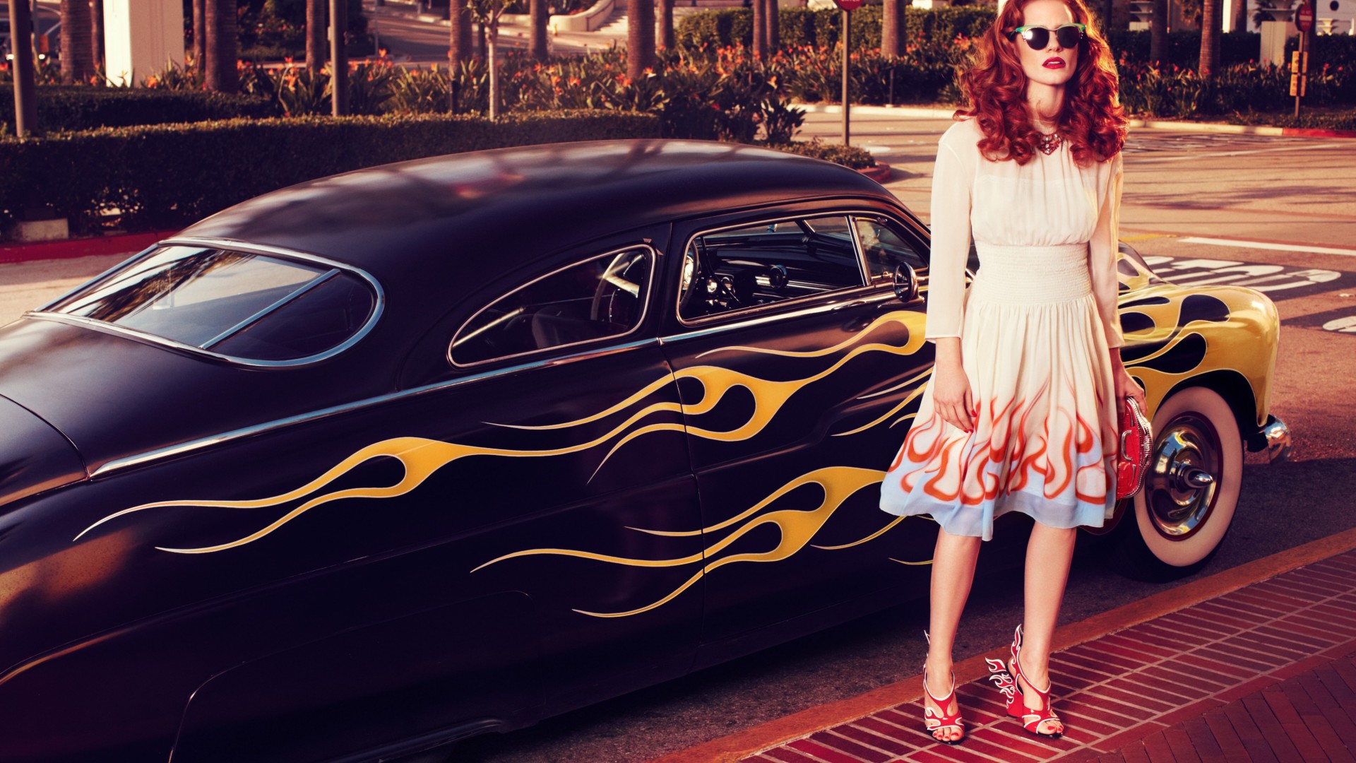 Jessica Chastain, Actress, television star, red hair, beauty, dress, red lips, car, glasses, Vogue Italia (horizontal)