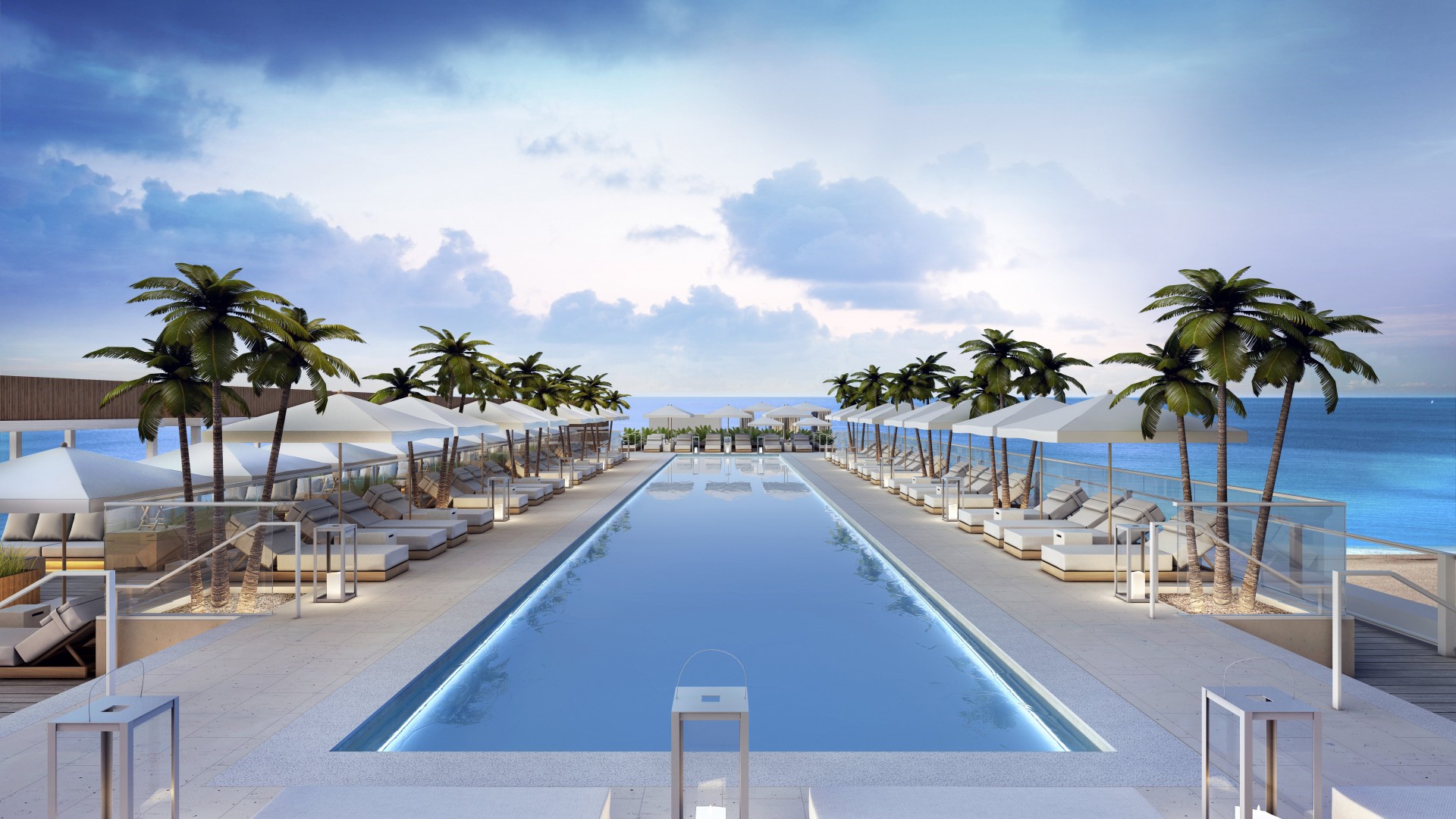 Miami, south beach, hotel, pool, sunbed, water, palm, sky, sea, ocean, water, travel, vacation, booking (horizontal)