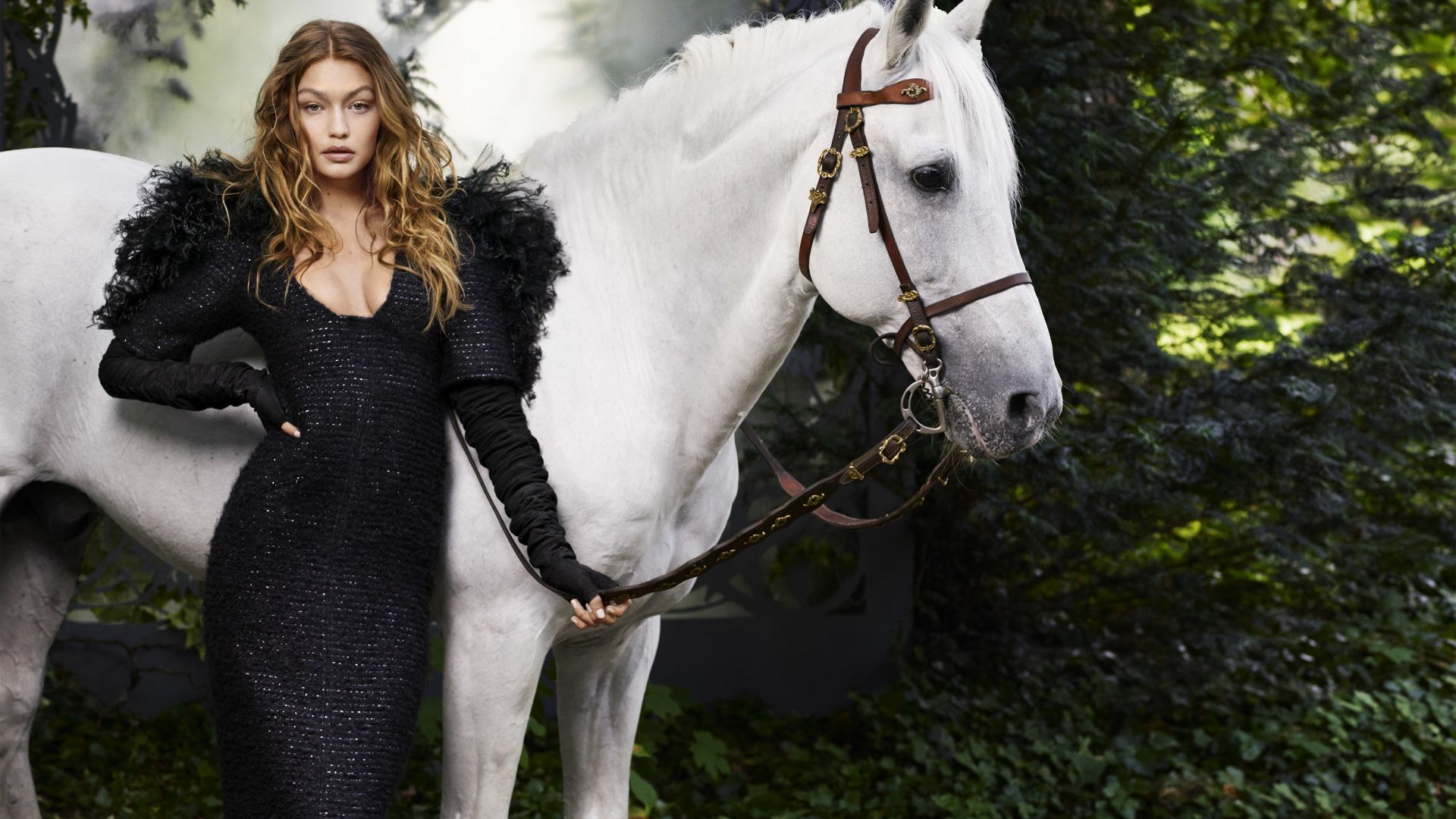 Gigi Hadid, harper's bazaar, white horse (horizontal)