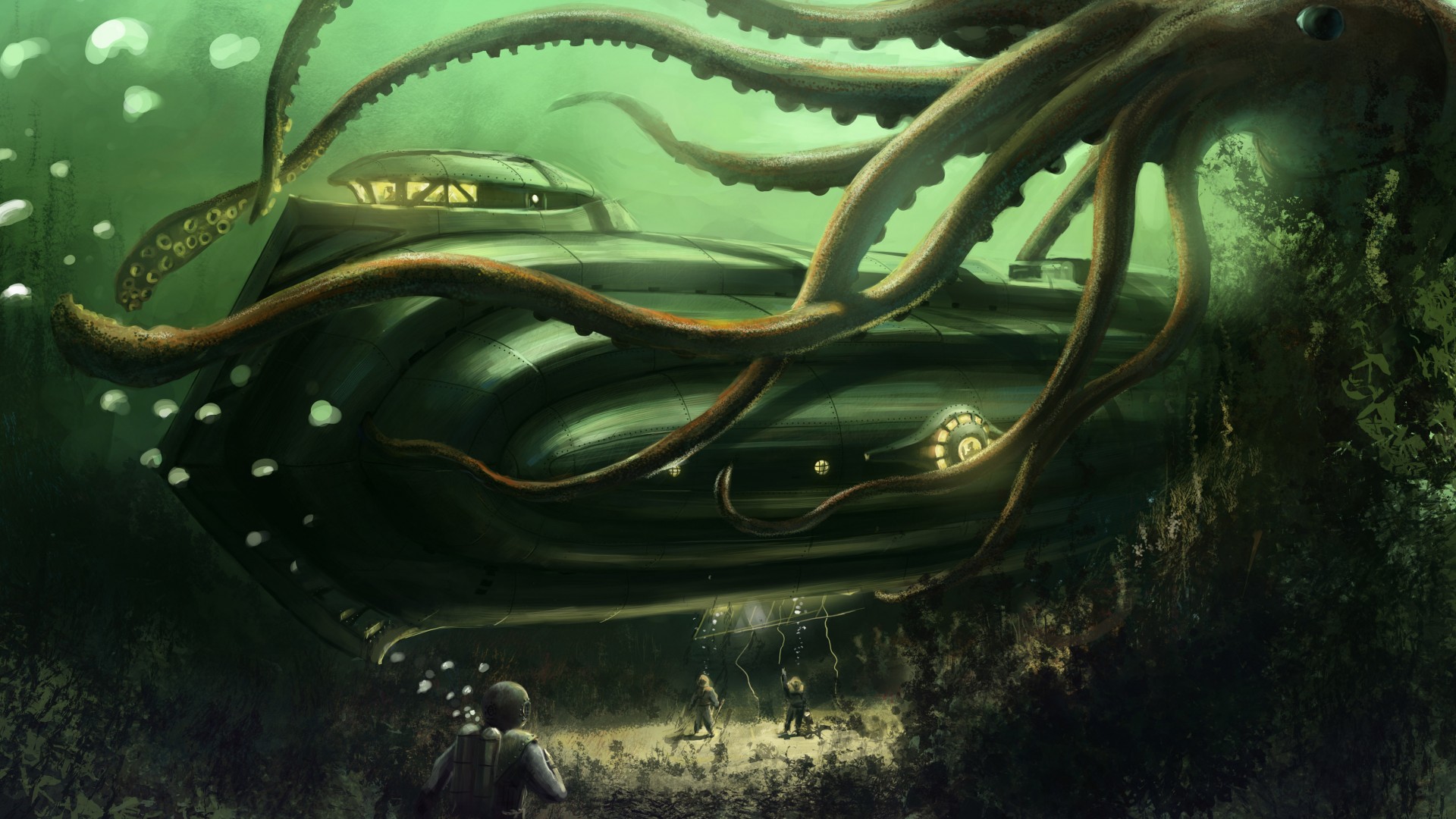 Octopus, Nautilus, Jules Verne, bottom, ocean, boat. Underwater, ocean, sea, water, art, green (horizontal)