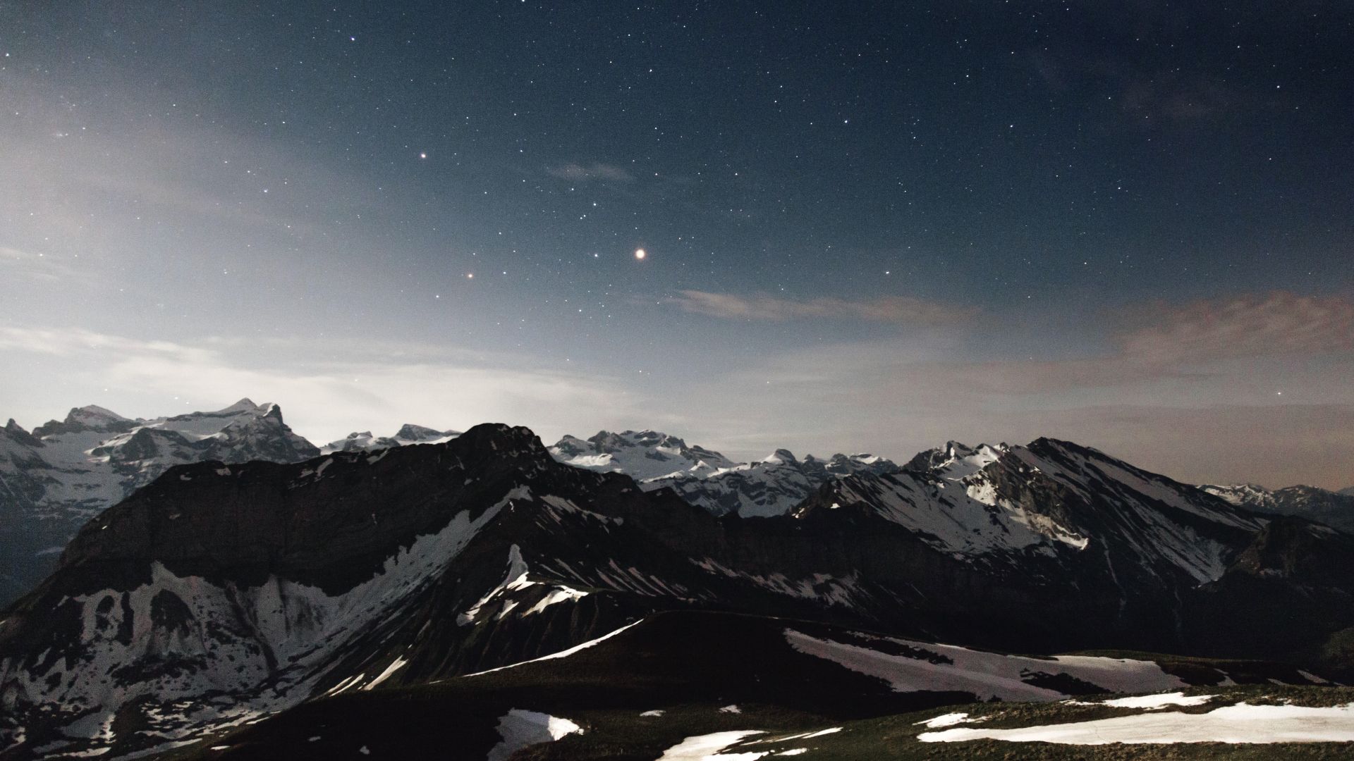 mountains, 4k, 5k wallpaper, snow, stars (horizontal)