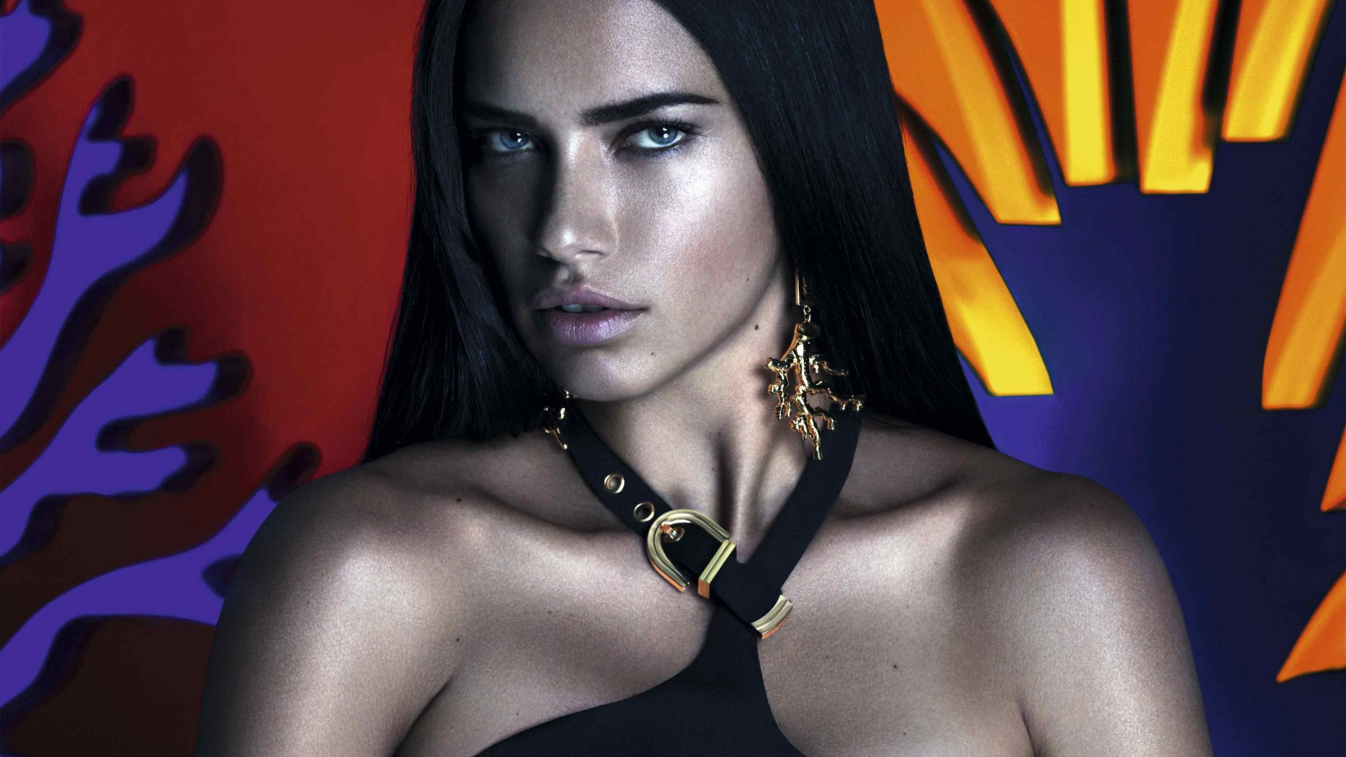 Adriana Lima, model, brunette, look, blue, orange (horizontal)