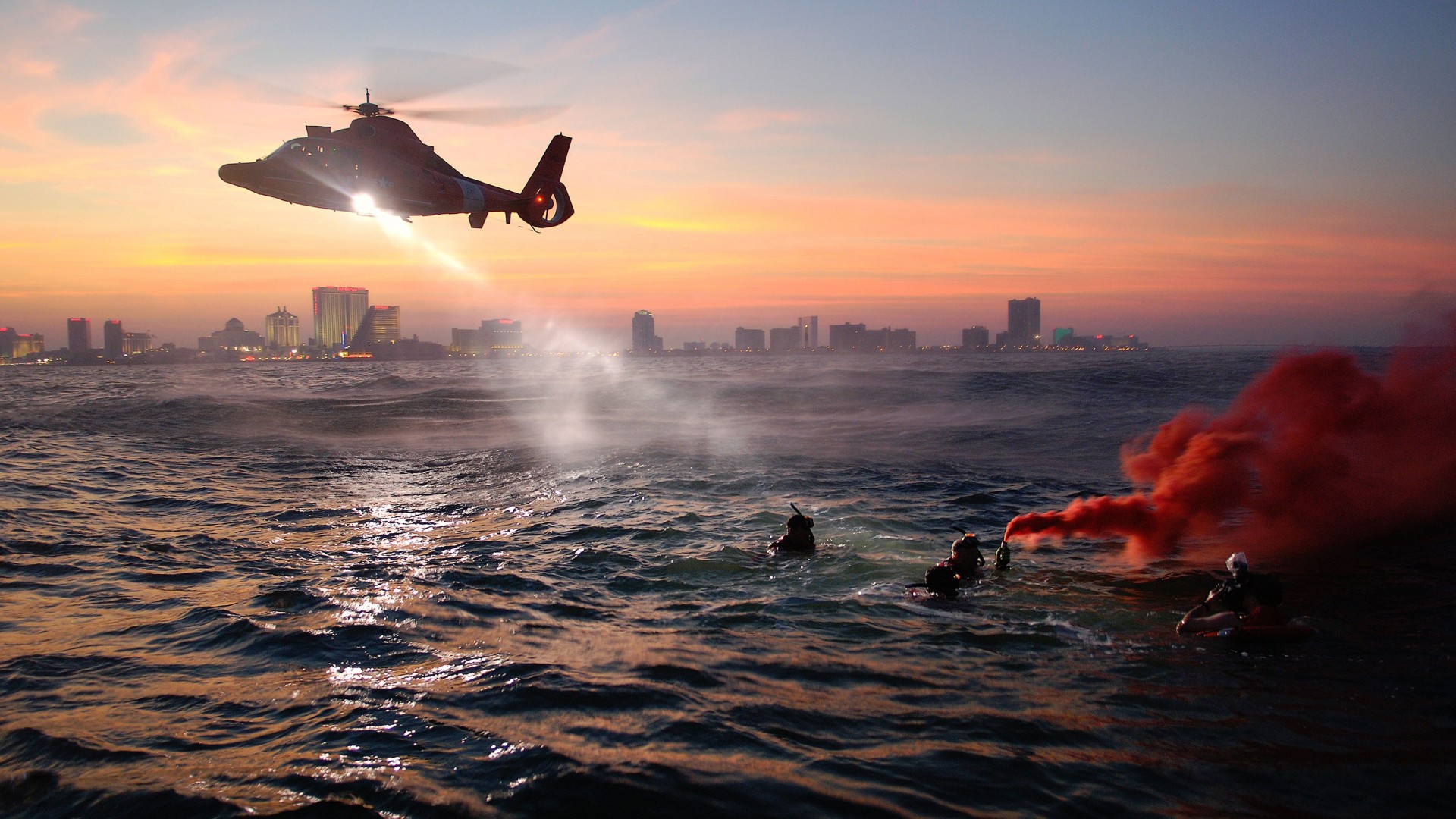 coast guard, rescue, MEDEVAC, rescue helicopter, training, sea, night (horizontal)