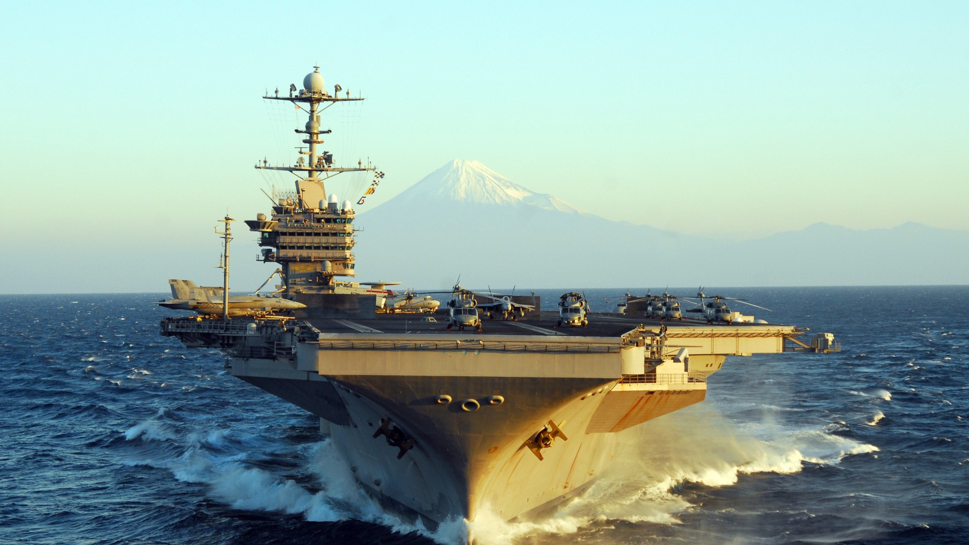 USS George Washington, CVN-73, aircraft carrier, Nimitz class, U.S.Navy, mountain, Fuji Japan (horizontal)