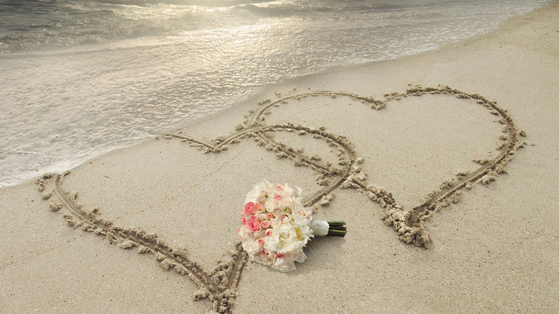love image, heart, 8k, beach (horizontal)