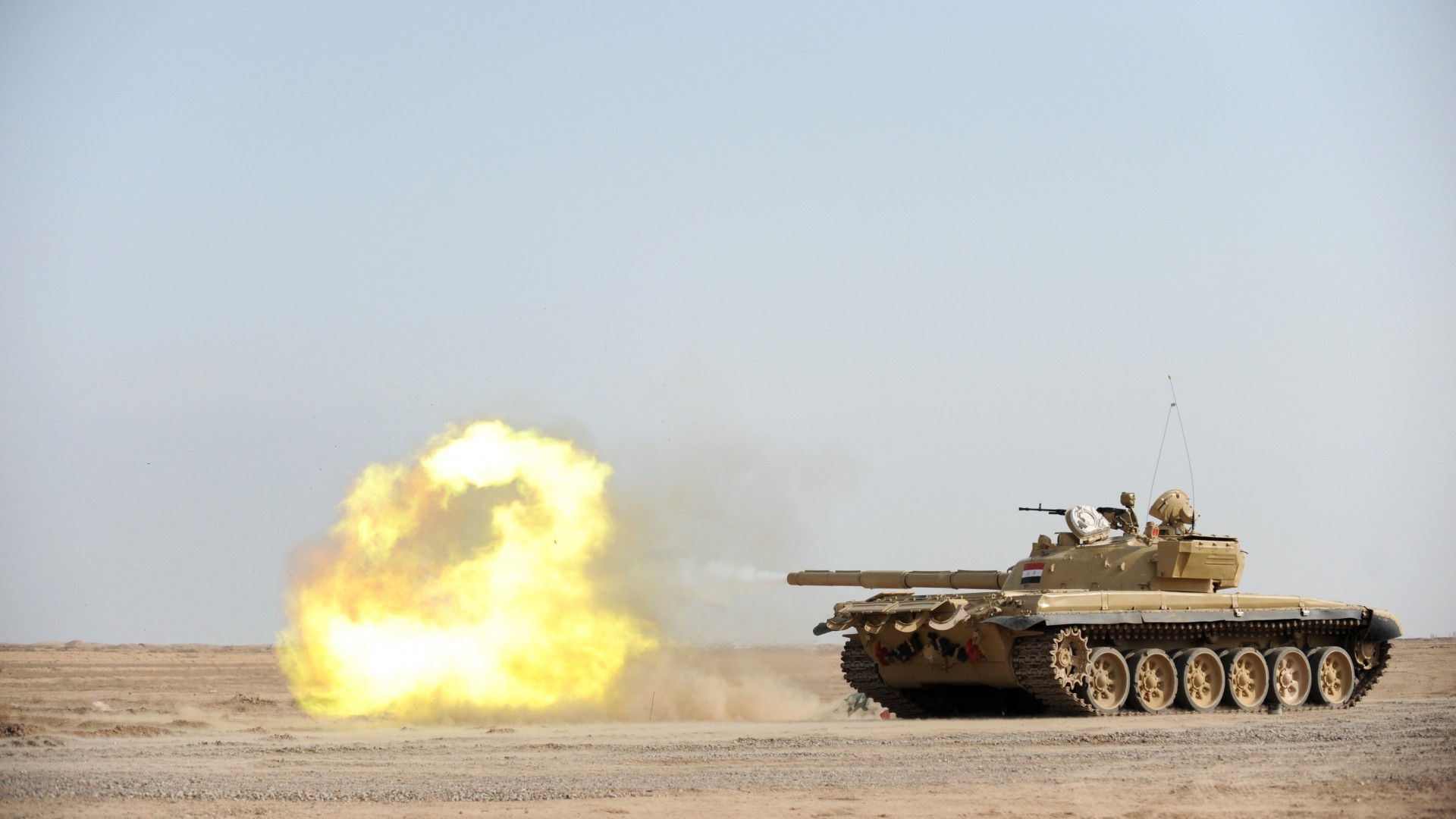 T-72B3, tank, second-generation, firing, desert (horizontal)