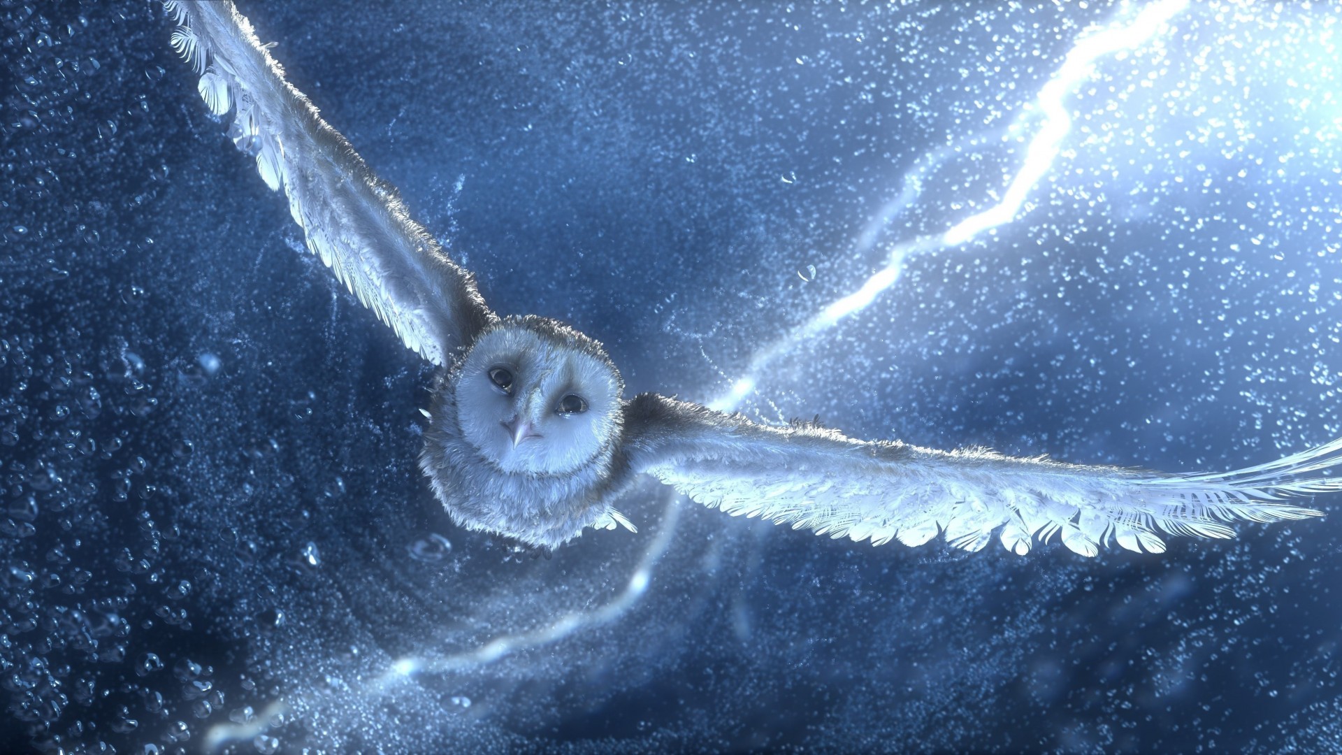 Owl, flying, snow, storm, lightning, blue, bird, art (horizontal)