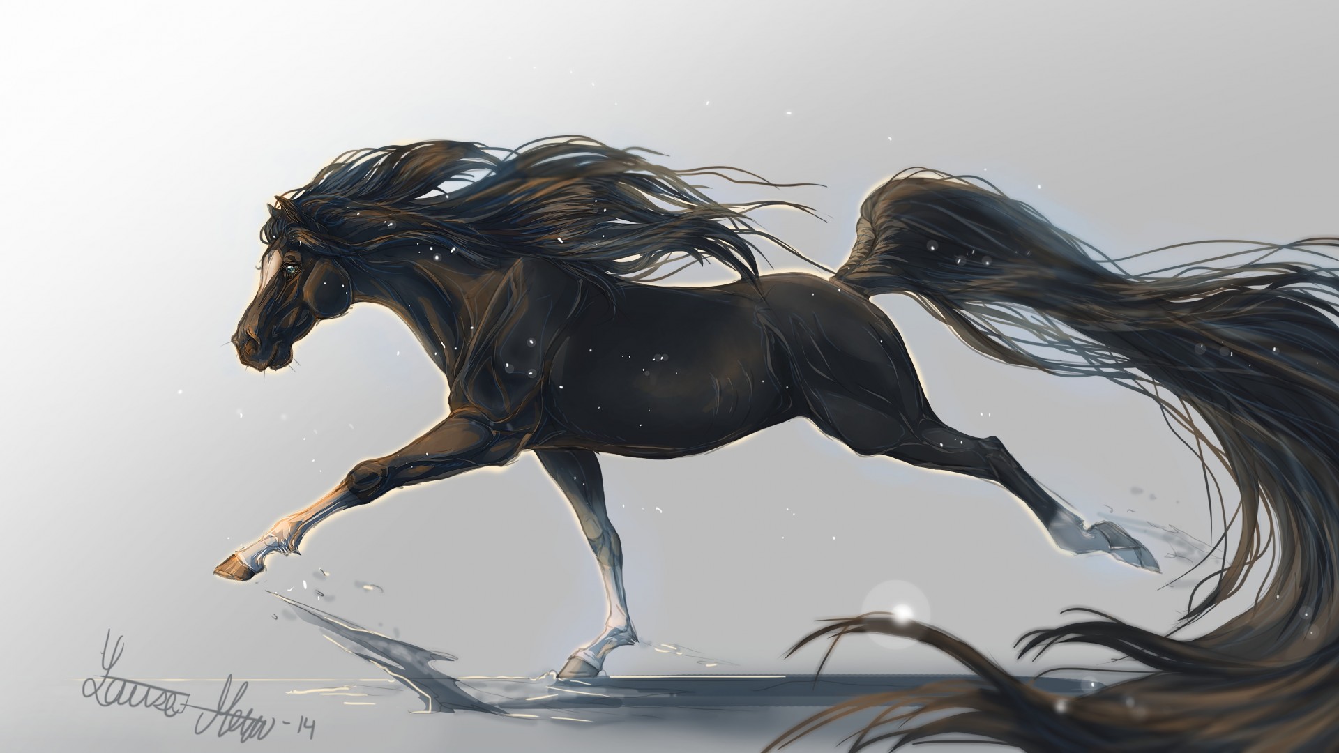 horse, hooves, 5k, 4k wallpaper, mane, galloping, black, white background, art,  (horizontal)