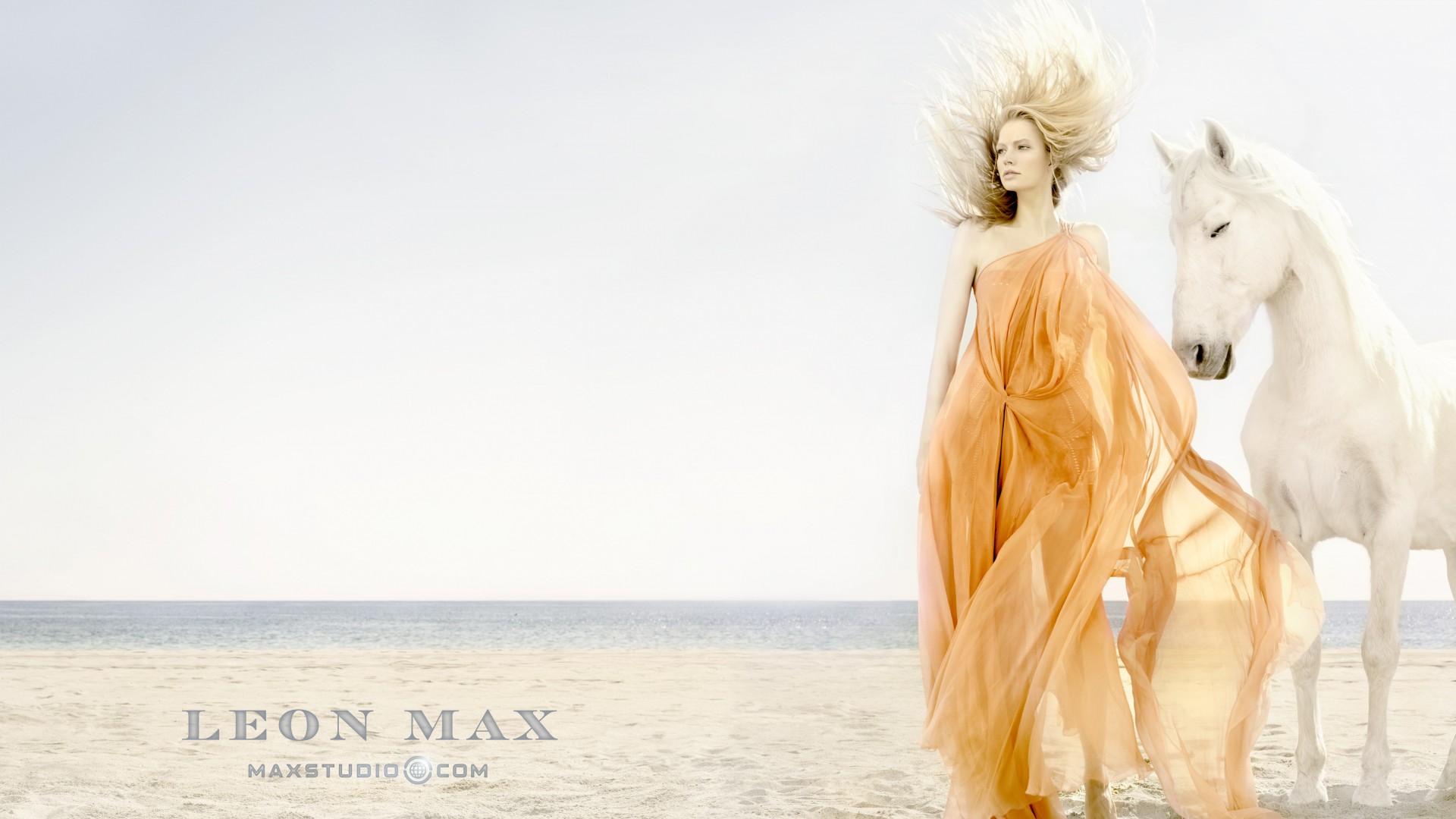 Katia Elizarova, model, blonde, horse, beach, yellow, sand, sea, wind (horizontal)