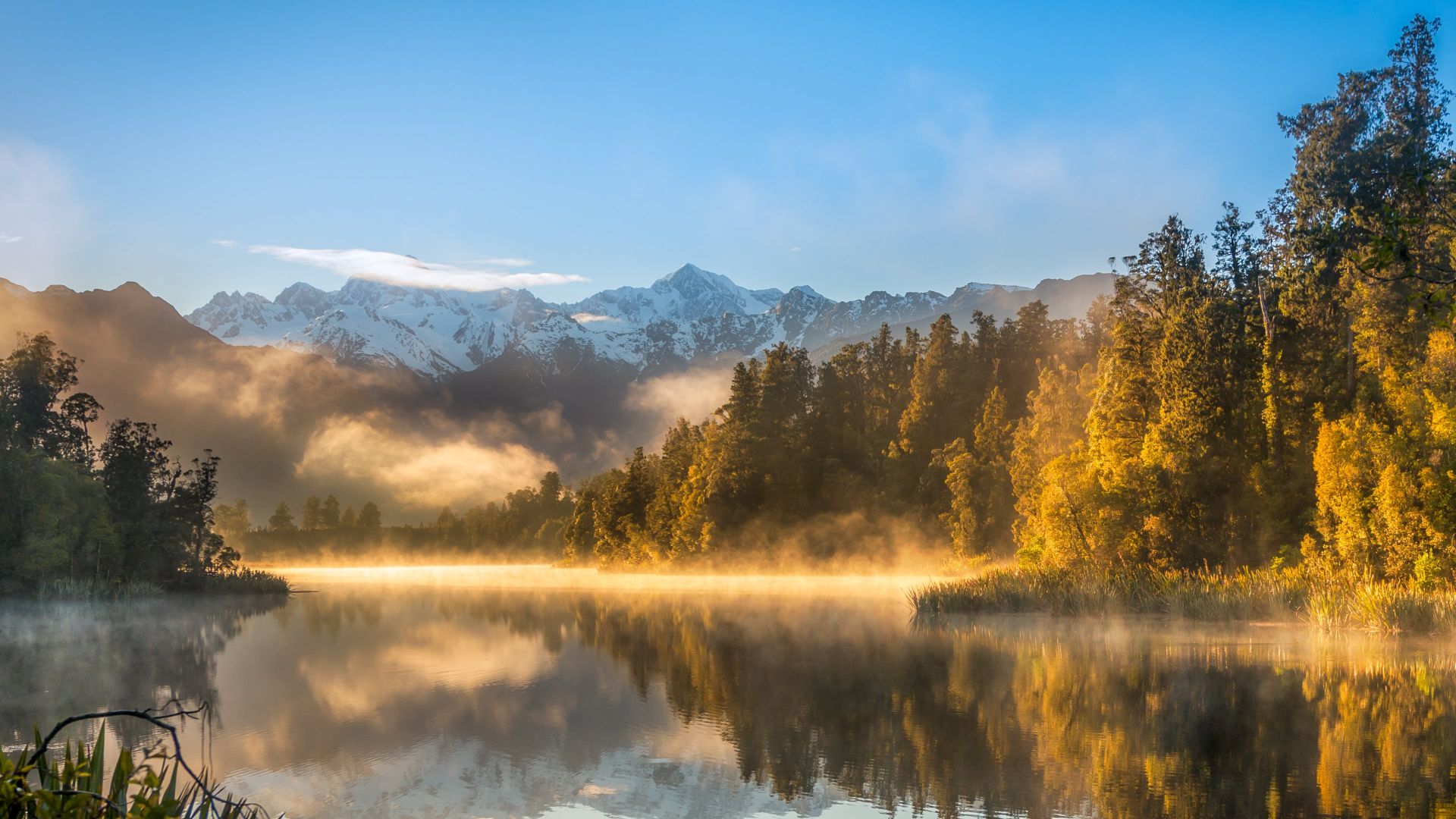 autumn, fog, forest, lake, mountains, 4k (horizontal)