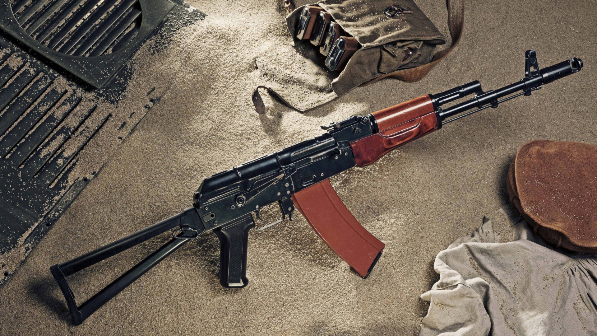 AK-74, Kalashnikov, AK-47, assault rifle, Russia, USSR, ammunition, sand (horizontal)