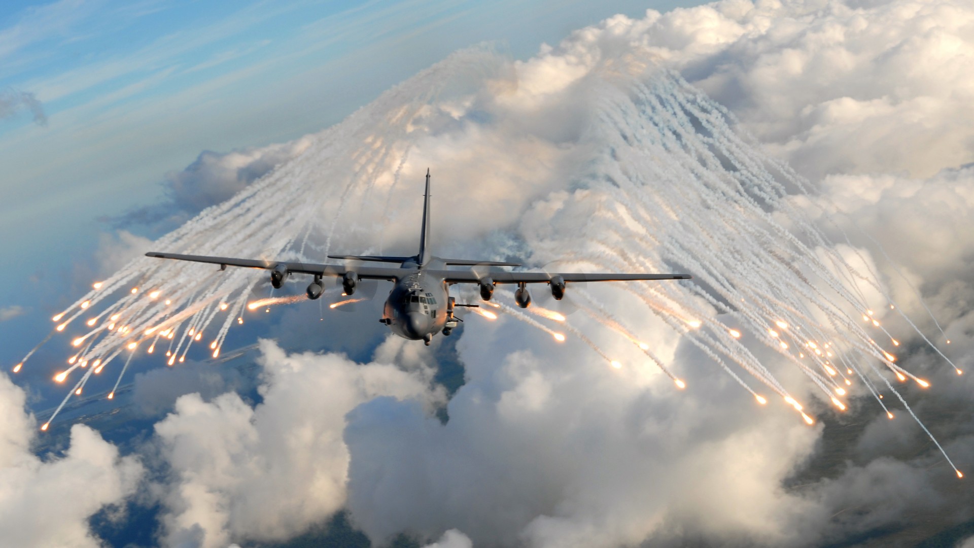 AC-130, air support, gunship, Lockheed, U.S. Air Force, ground-attack, aircraft, flares (horizontal)