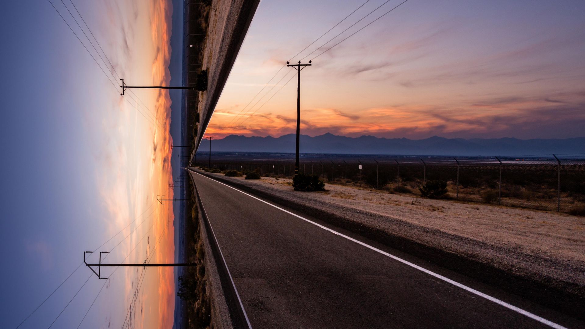 road, sky, sunset, artwork, 4k (horizontal)