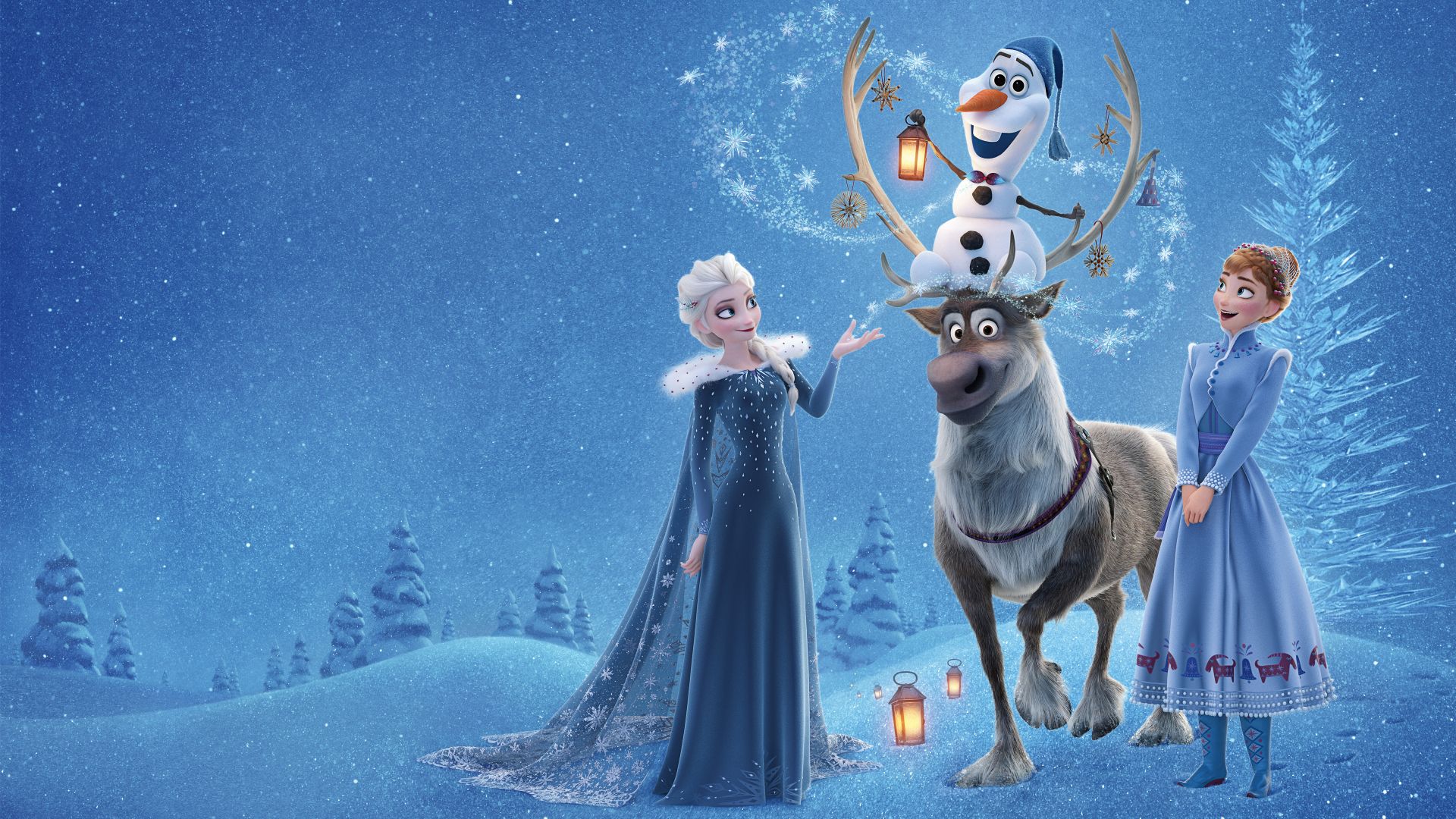 Olaf's Frozen Adventure, Elsa, Anna, winter, deer, snow, 4k (horizontal)
