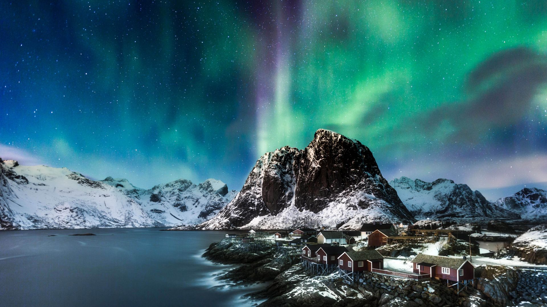 Norway, Lofoten islands, Europe, Mountains, sea, night, northern lights, 5k (horizontal)