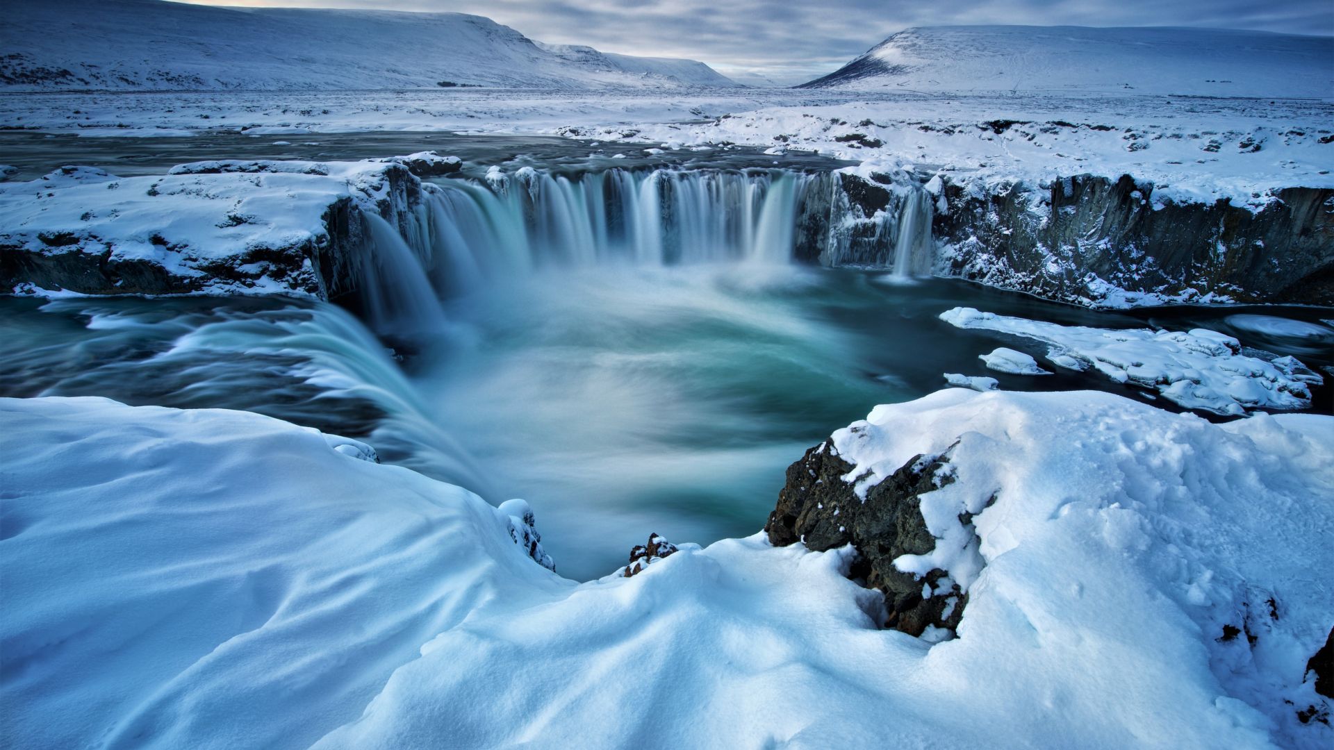 Godafoss, waterfall, winter, Iceland, 5k (horizontal)