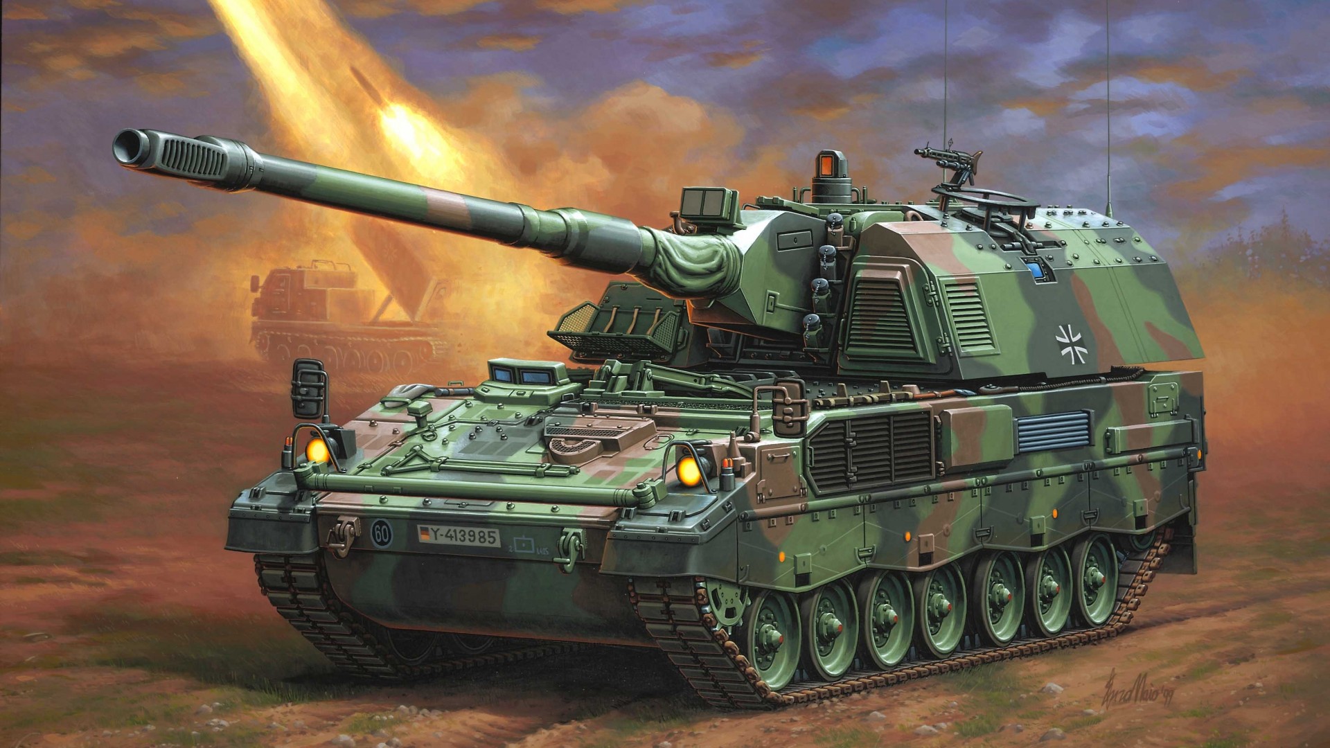 PzH 2000, howitzer, Panzerhaubitze, artillery, Bundeswehr, firing, art, painting (horizontal)