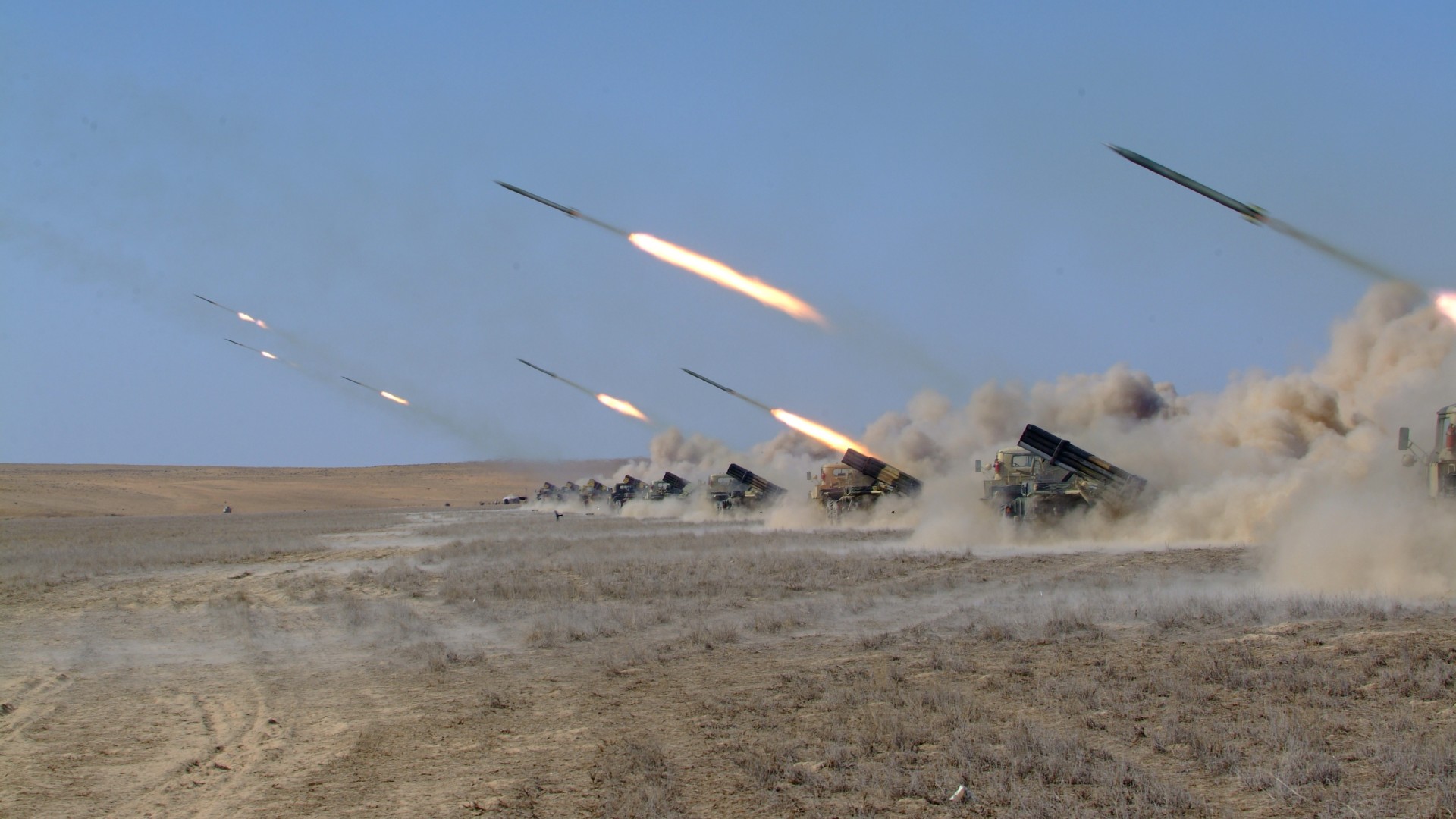 Naiza, MRL, multiple rocket launcher, artillery, Kazakhstan Armed Forces, desert, firing (horizontal)