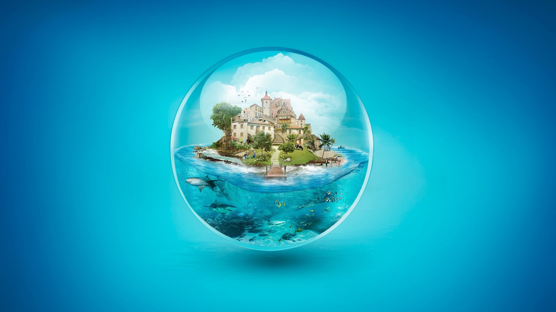 ball, house, underwater, shark, 4k (horizontal)