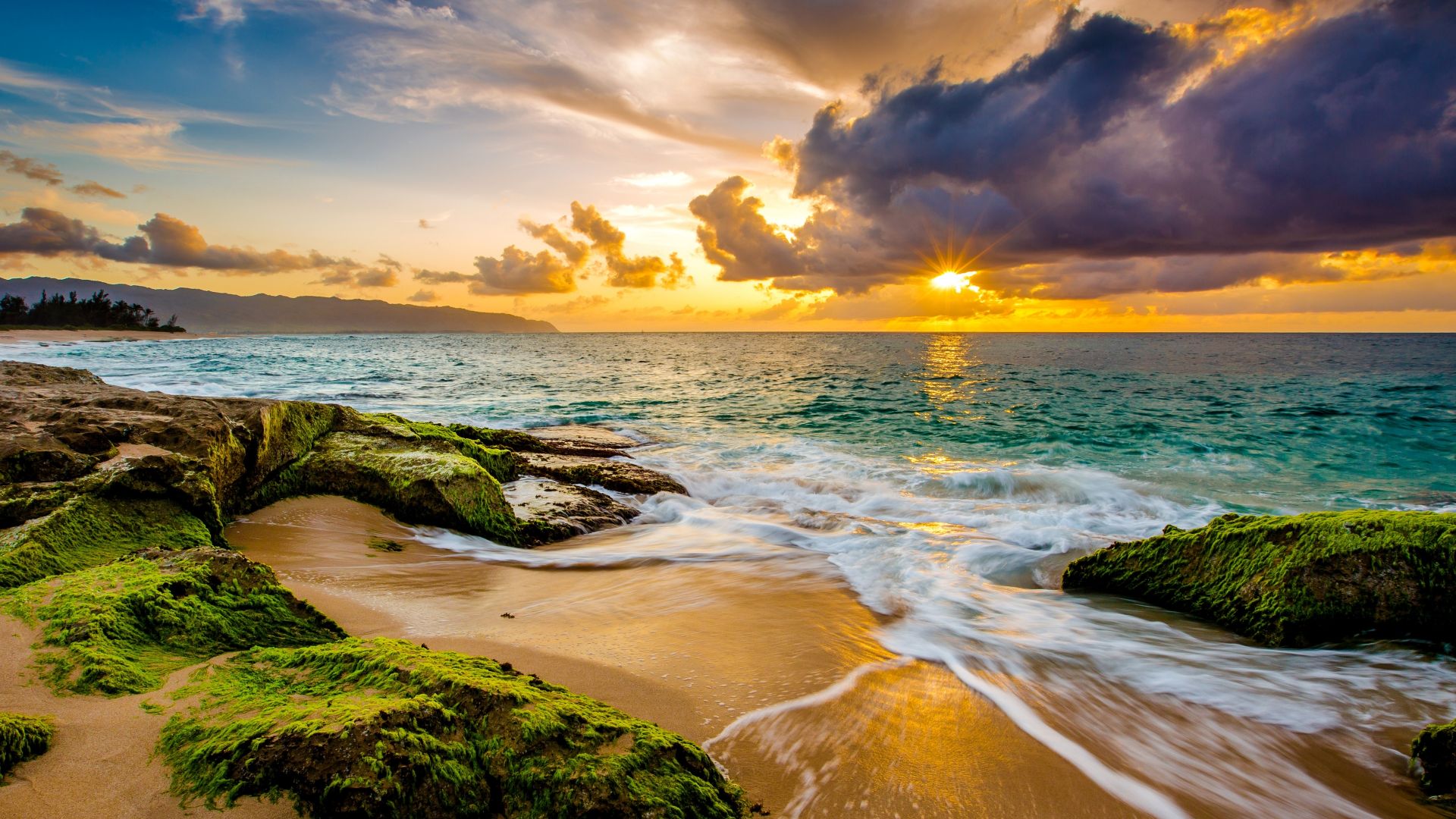Hawaii, sunset, beach, ocean, coast, sky, 4k (horizontal)