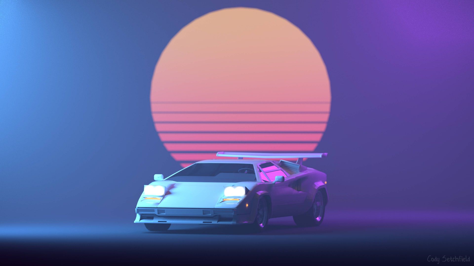 Retrowave, Purple, Lamborghini Countach, 4K (horizontal)