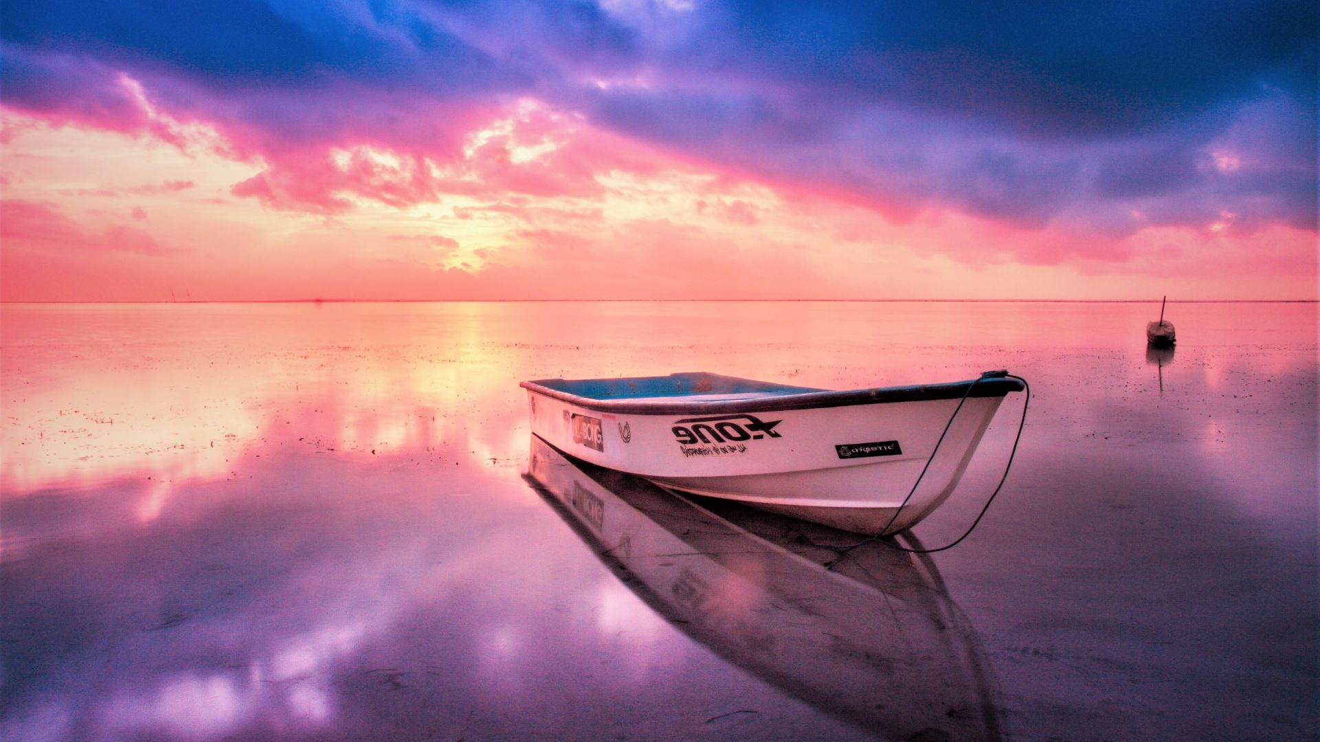 reflection, boat, sunset (horizontal)