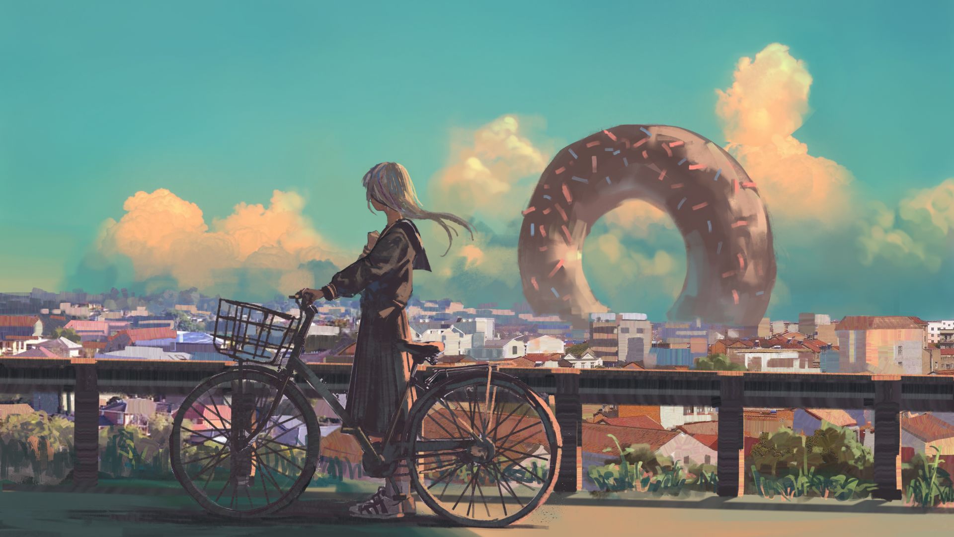 girl, bicycle, city, 4K (horizontal)