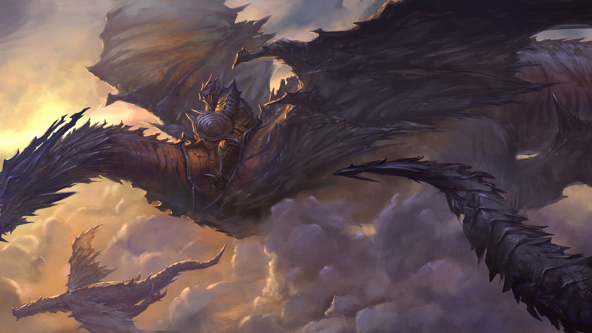Dragon, sky, clouds, rider, armor, art, wings, black, fantasy (horizontal)