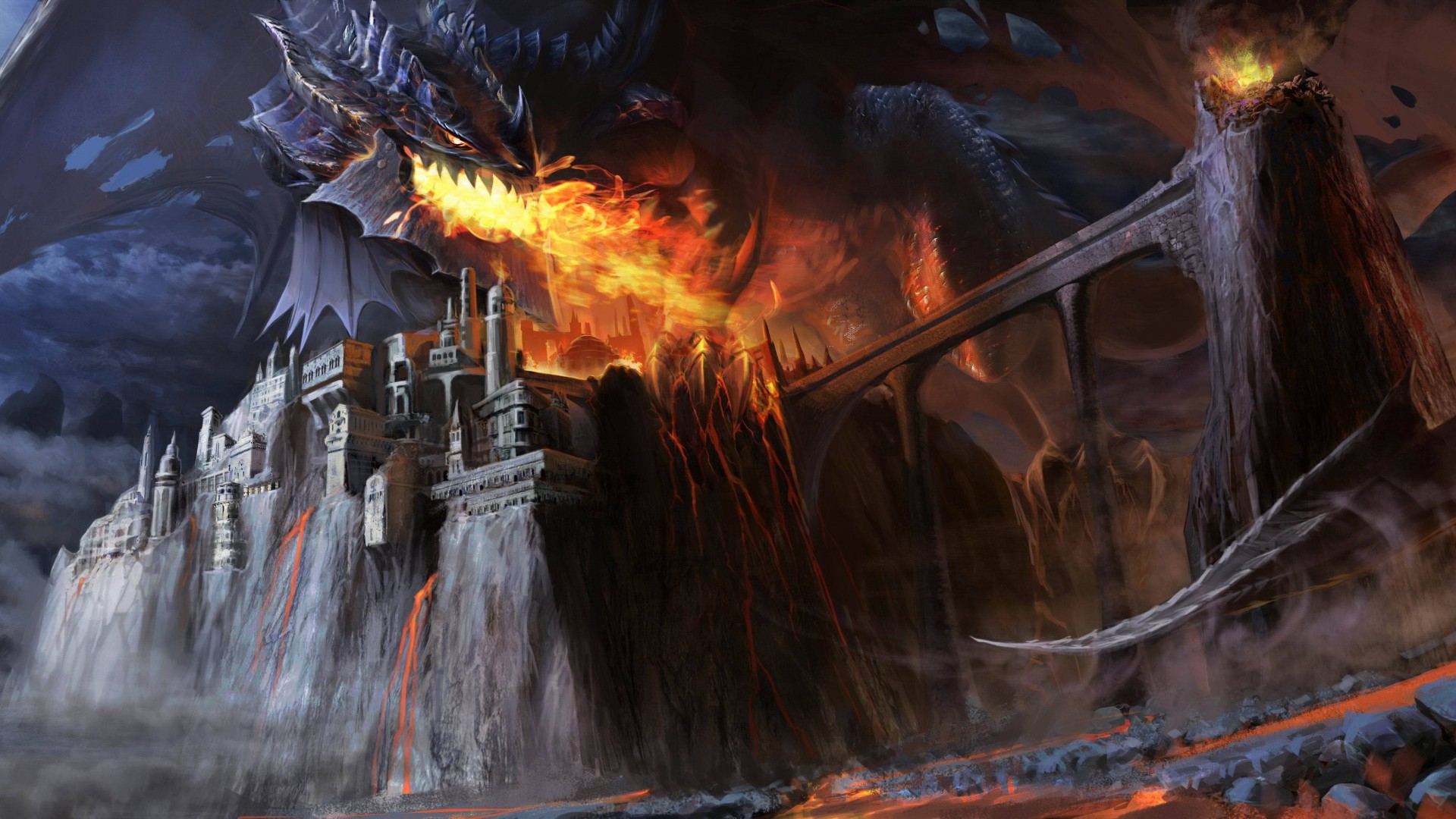 Dragon, black, fire, castle, bridge, lava, smoke, fantasy, art (horizontal)