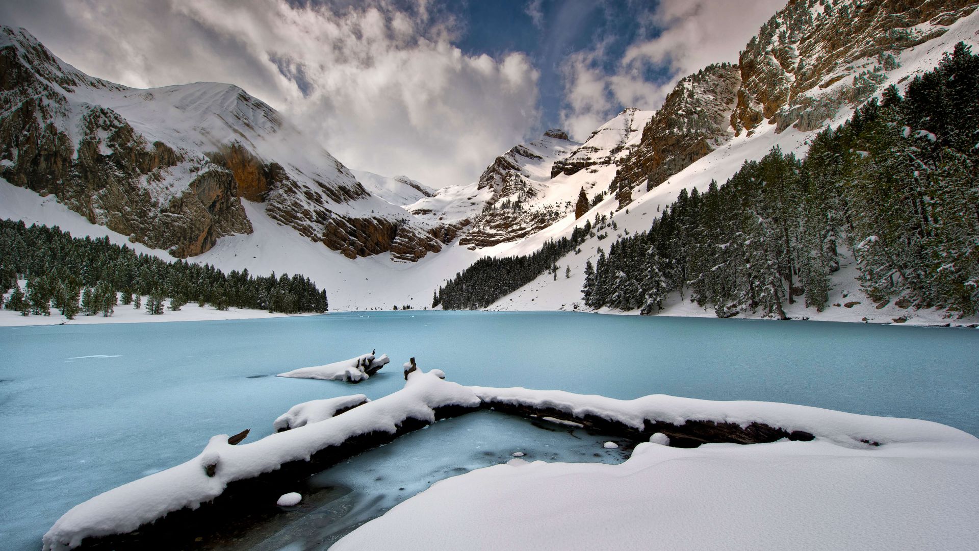 mountains, lake, winter, snow, 4K (horizontal)
