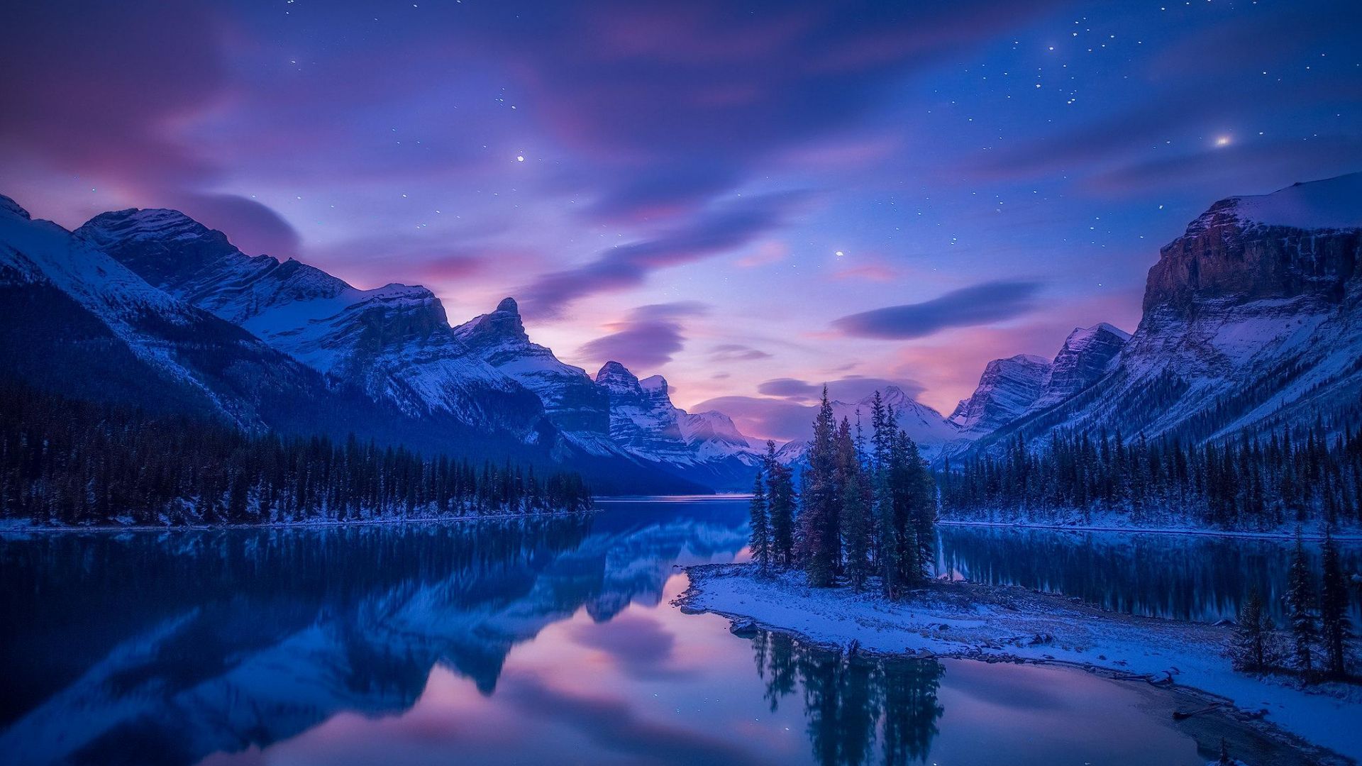 mountains, river, lake, winter, snow, night, HD (horizontal)