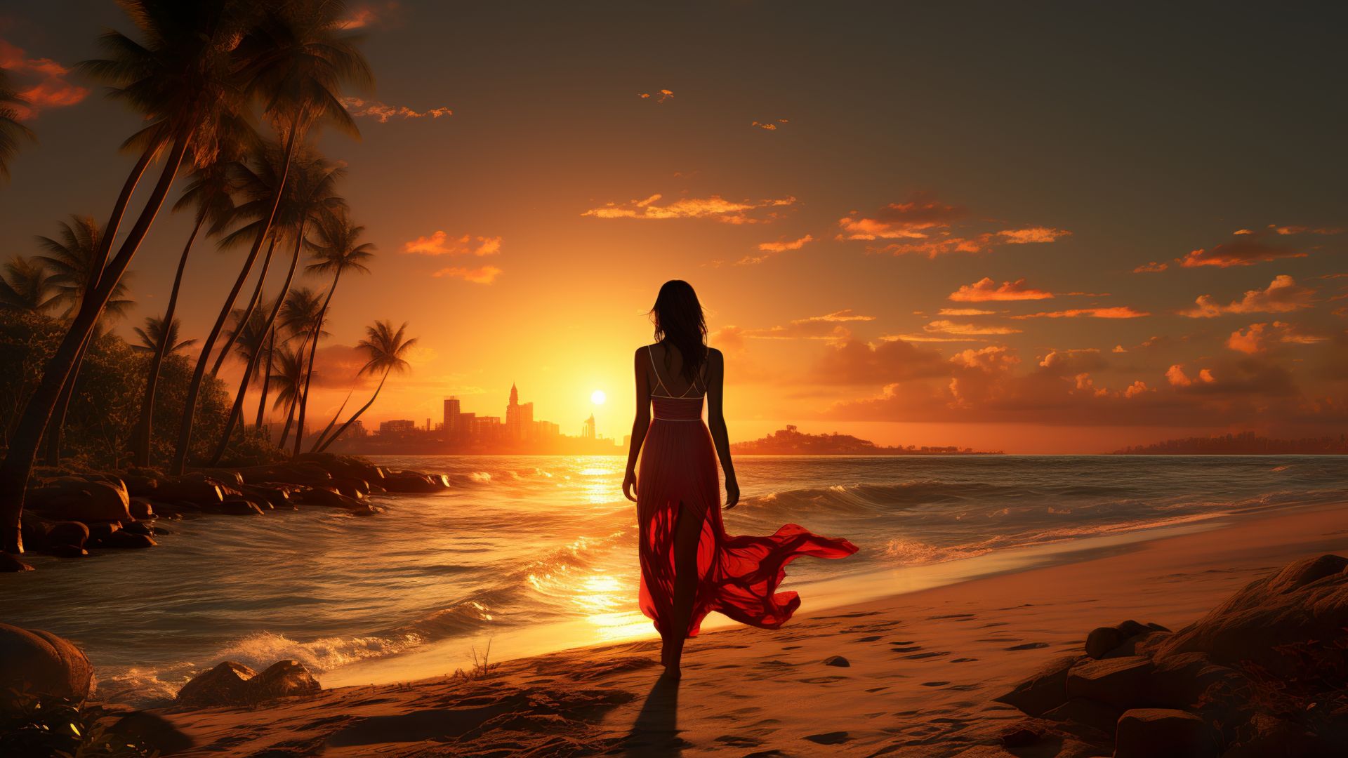 girl, sunset, Miami, beach, brunette, beauty, 4K (horizontal)