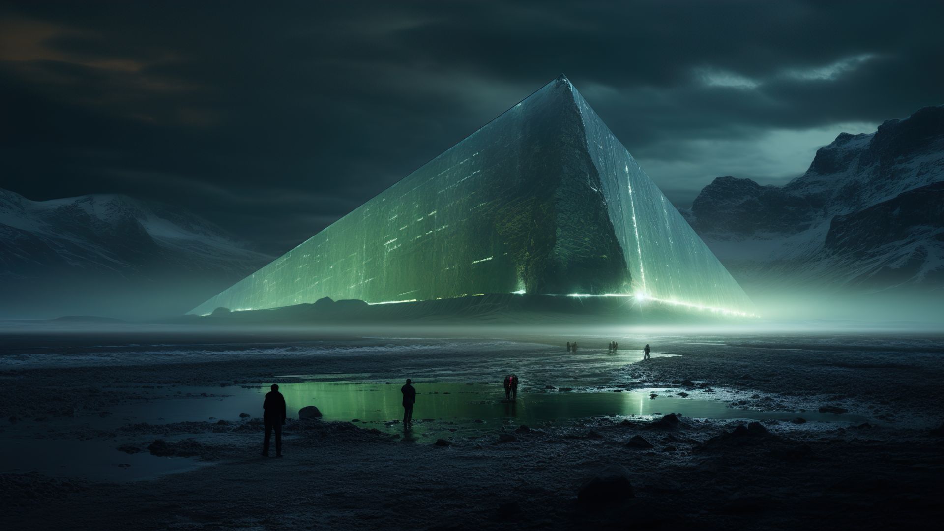 pyramid, futuristic, ice, snow, mountains, dark, 4K (horizontal)