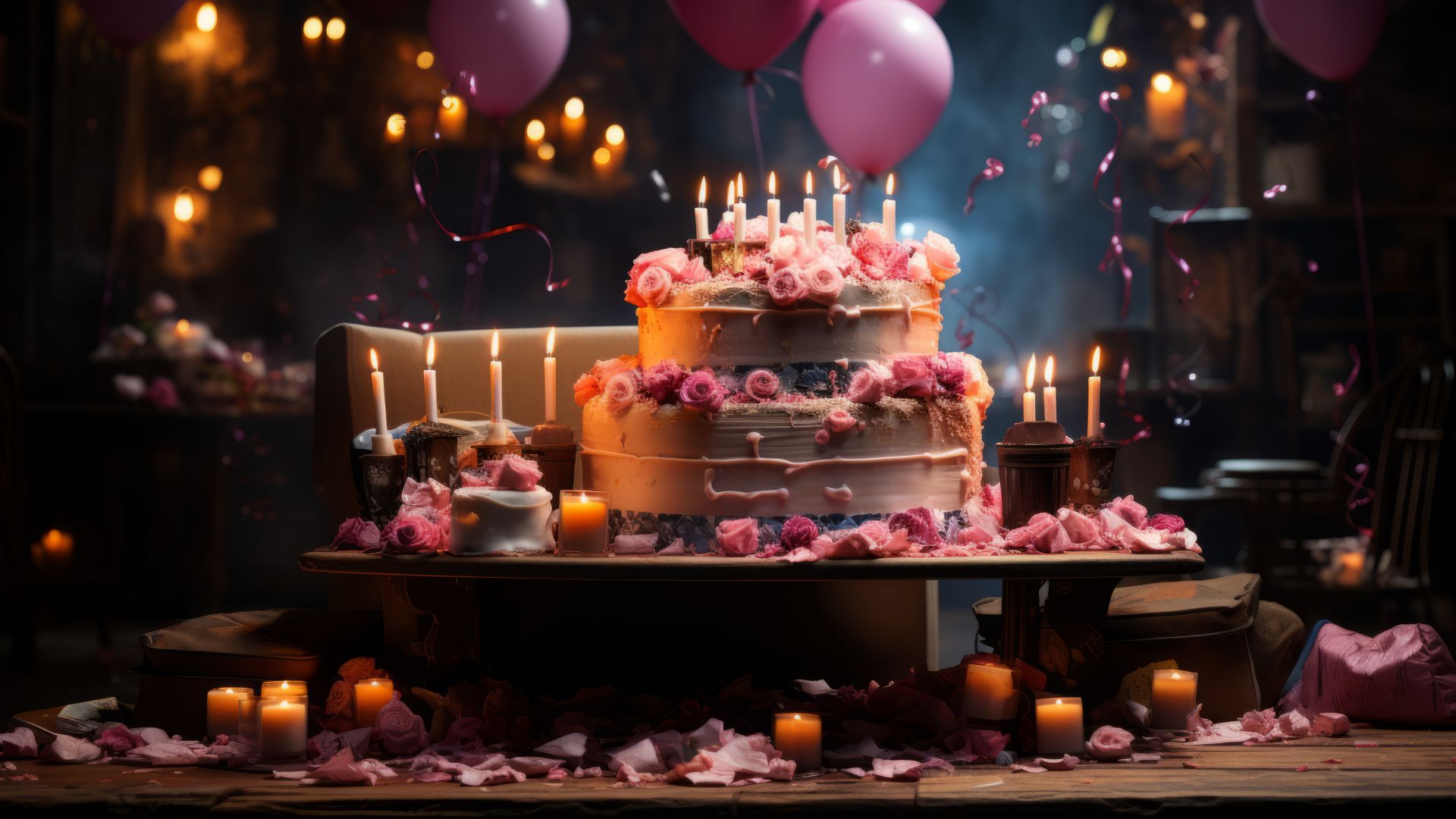Birthday background, balloons, cake, gifts (horizontal)