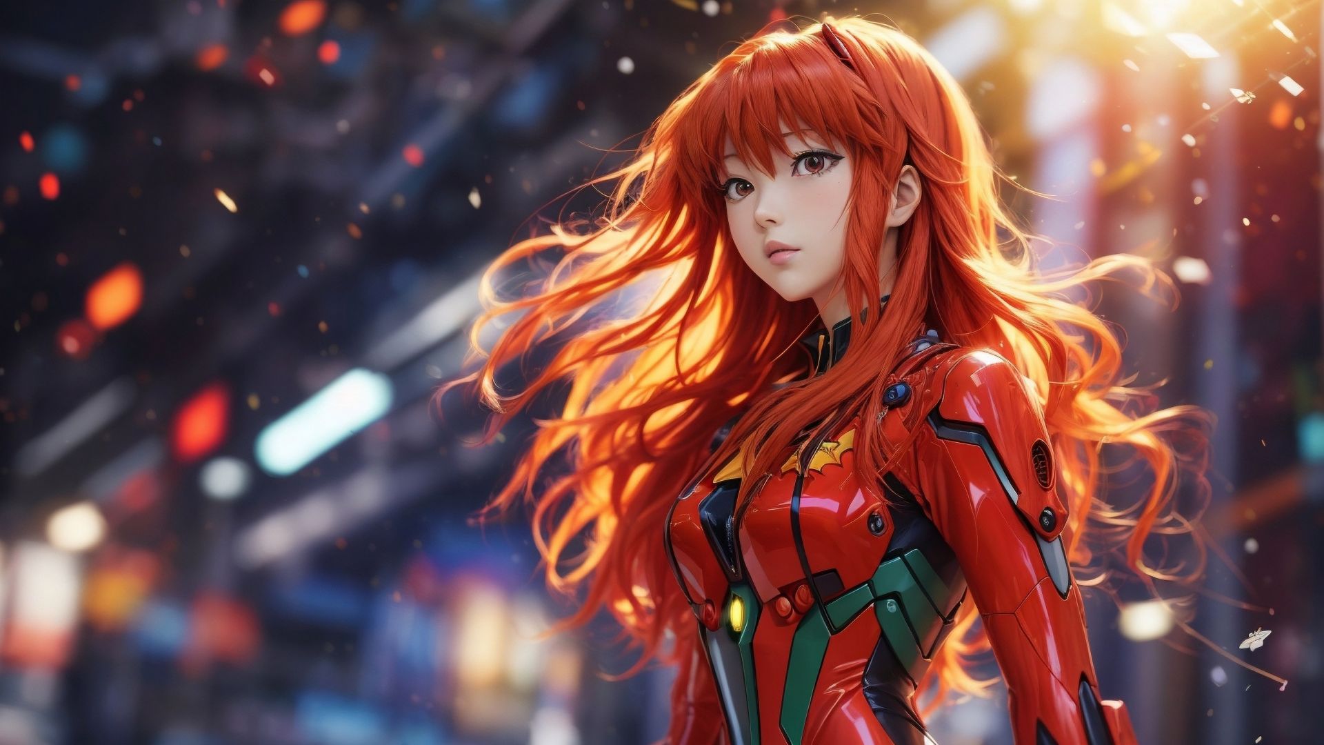 anime girl, cyberpunk, red hair (horizontal)