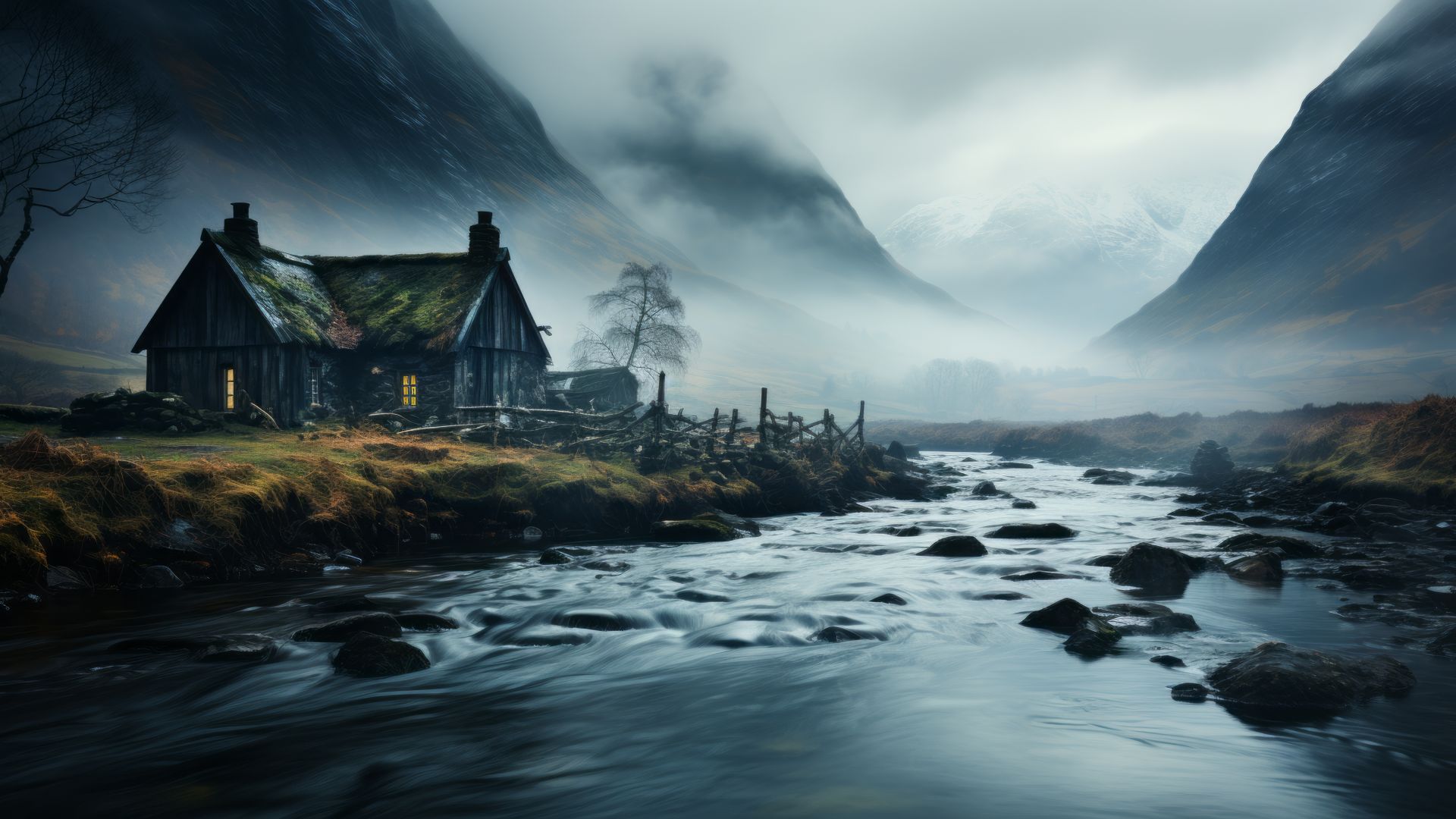 river, mountains, house, mist (horizontal)