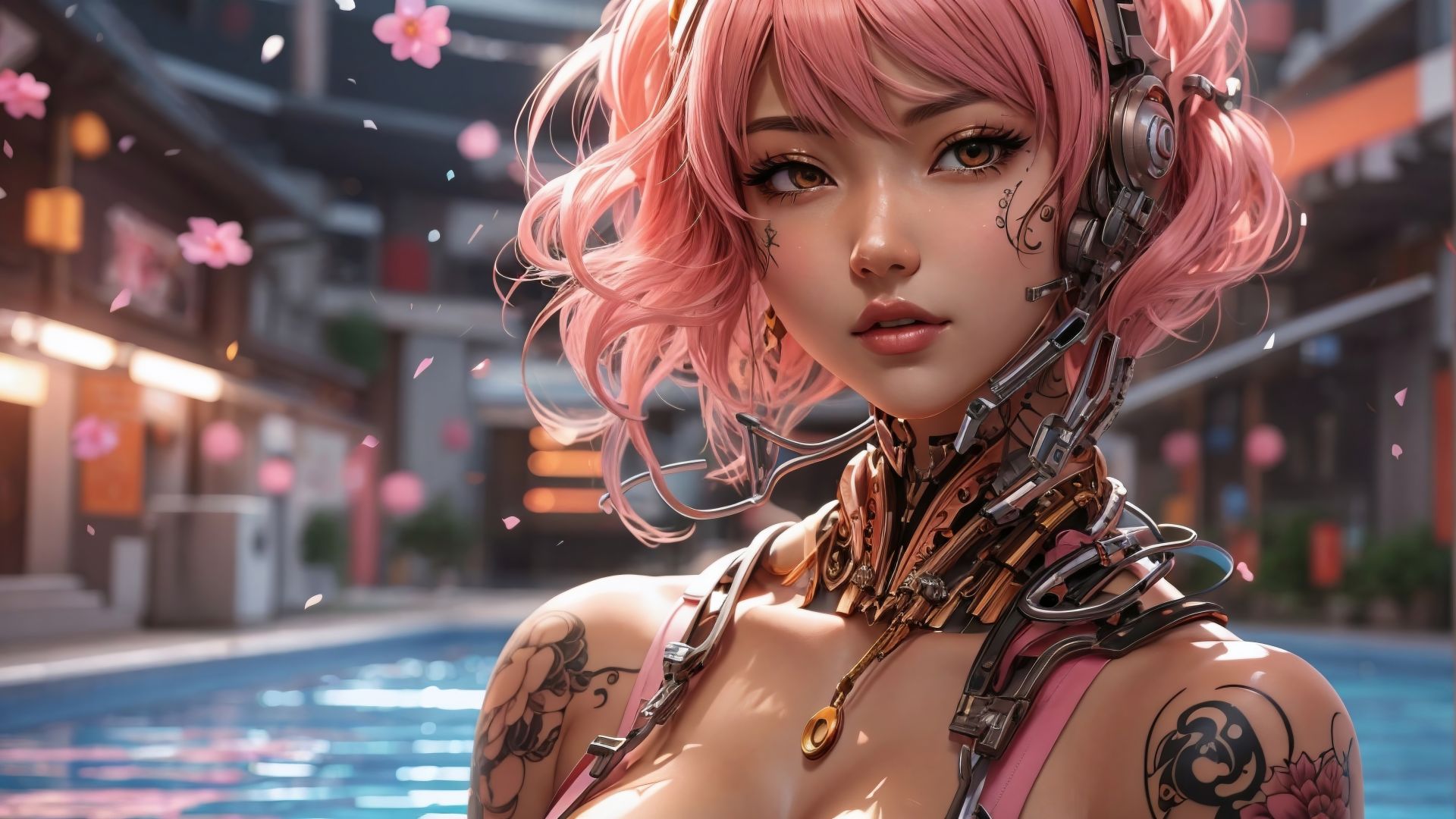 anime girl, cyber, pink hair (horizontal)