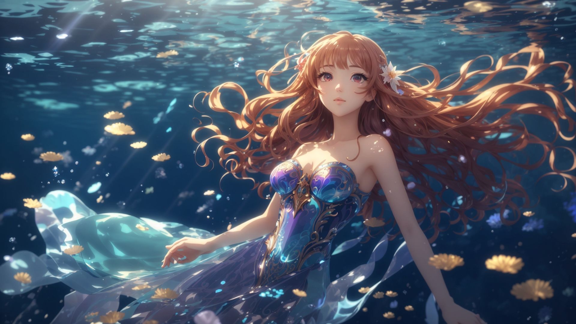 anime girl, fantasy, water (horizontal)