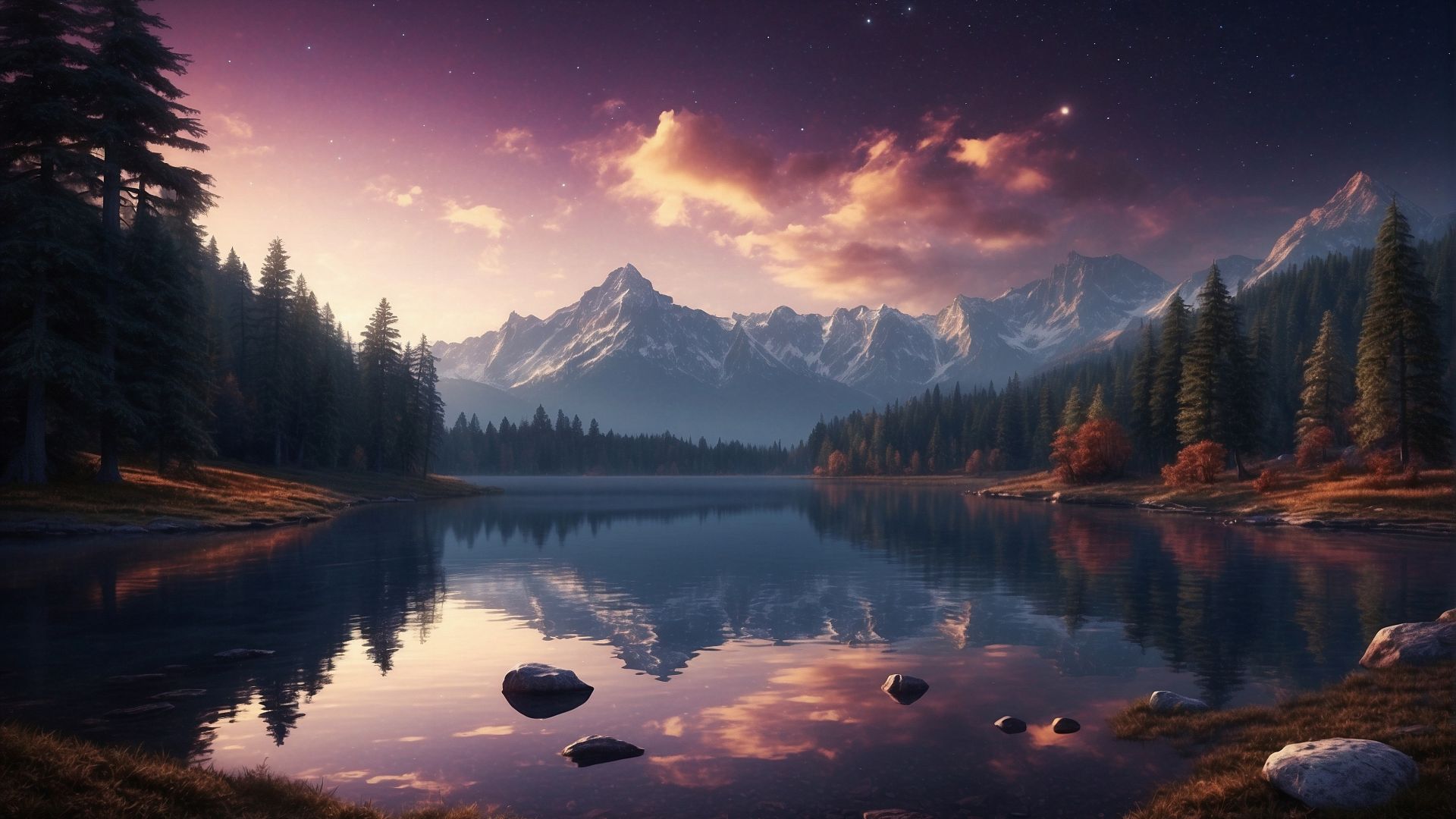 forest, mountains, lake, sunset, OSX (horizontal)