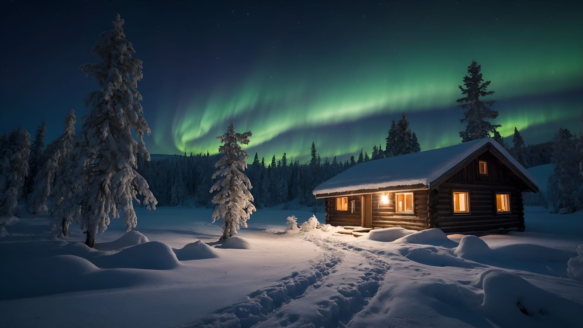 forest, snow, house, polar lights (horizontal)