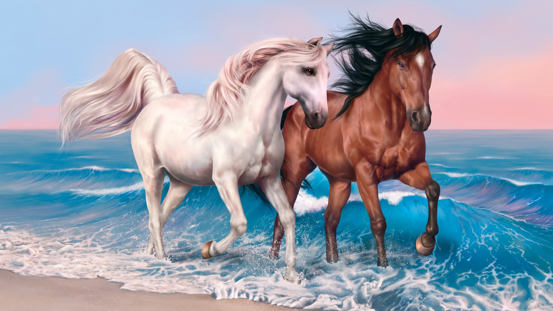 horses, 4k, HD wallpaper, run, sea, ocean, sunset, white, brown (horizontal)