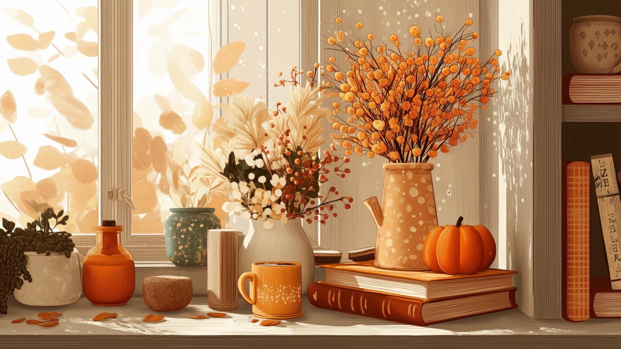 fall decor wallpaper, autumn style, pumpkin spice, background for desktop wallpaper (horizontal)