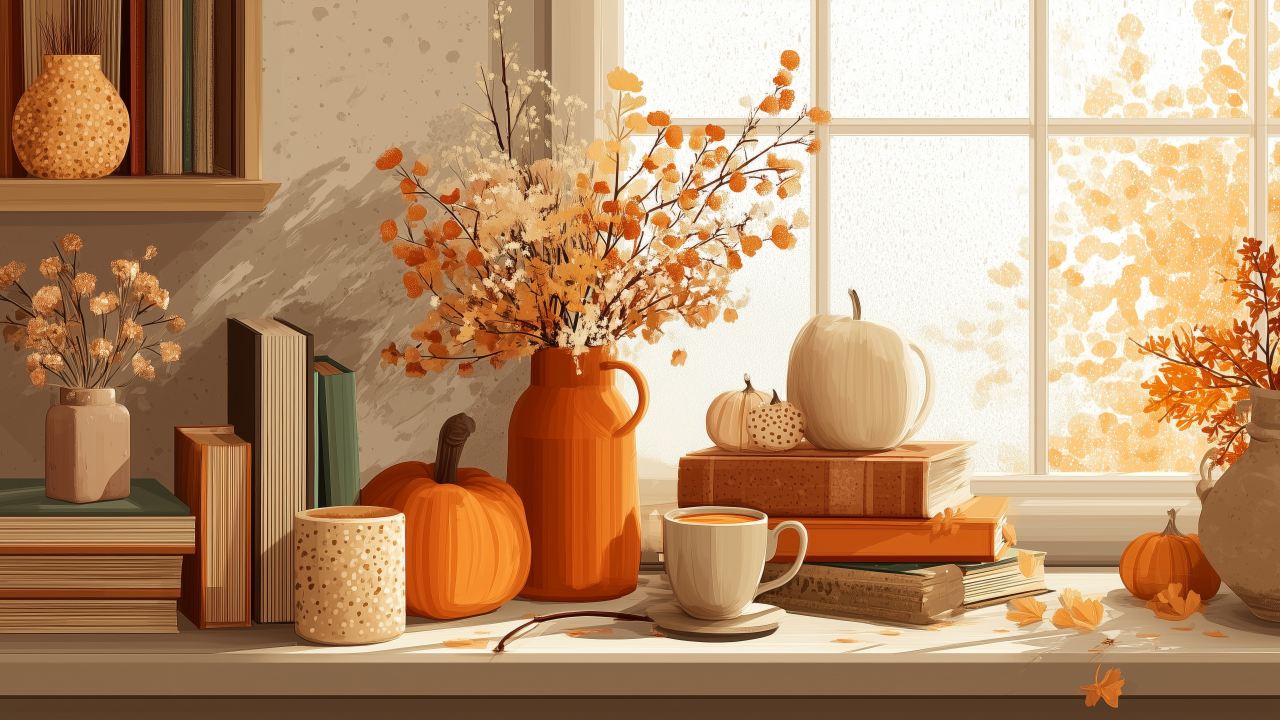 fall decor wallpaper, autumn style, seasonal home decor, background for desktop wallpaper (horizontal)
