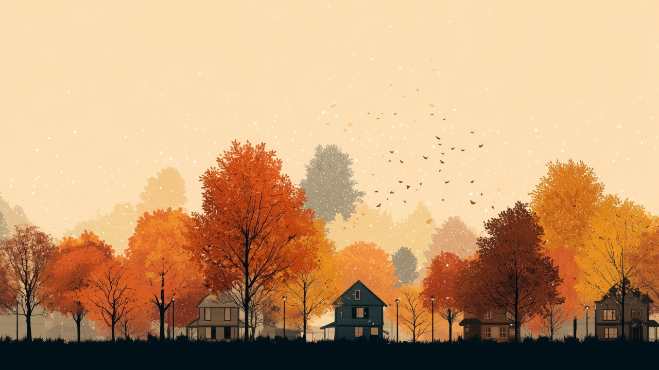 fall landscape wallpaper, cozy town, seasonal change, background for desktop wallpaper (horizontal)