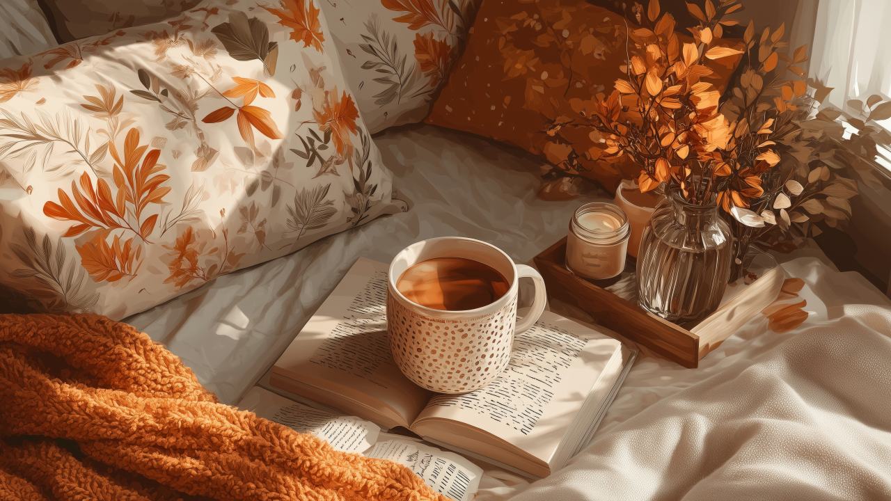 fall style wallpaper, seasonal home, indoor plants, background for desktop wallpaper (horizontal)