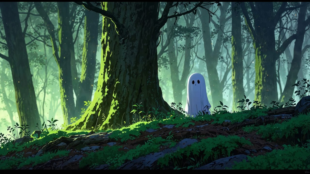 halloween ghosts wallpaper, foggy forest, chibi art, background for desktop wallpaper (horizontal)