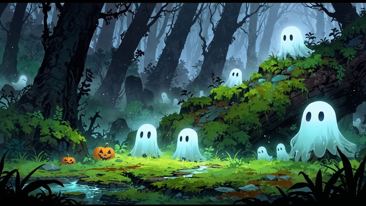 halloween ghosts wallpaper, foggy forest, enchanted woods, background for desktop wallpaper (horizontal)