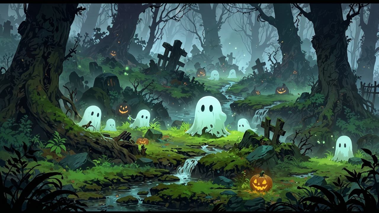 halloween ghosts wallpaper, foggy forest, whimsical creatures, background for desktop wallpaper (horizontal)