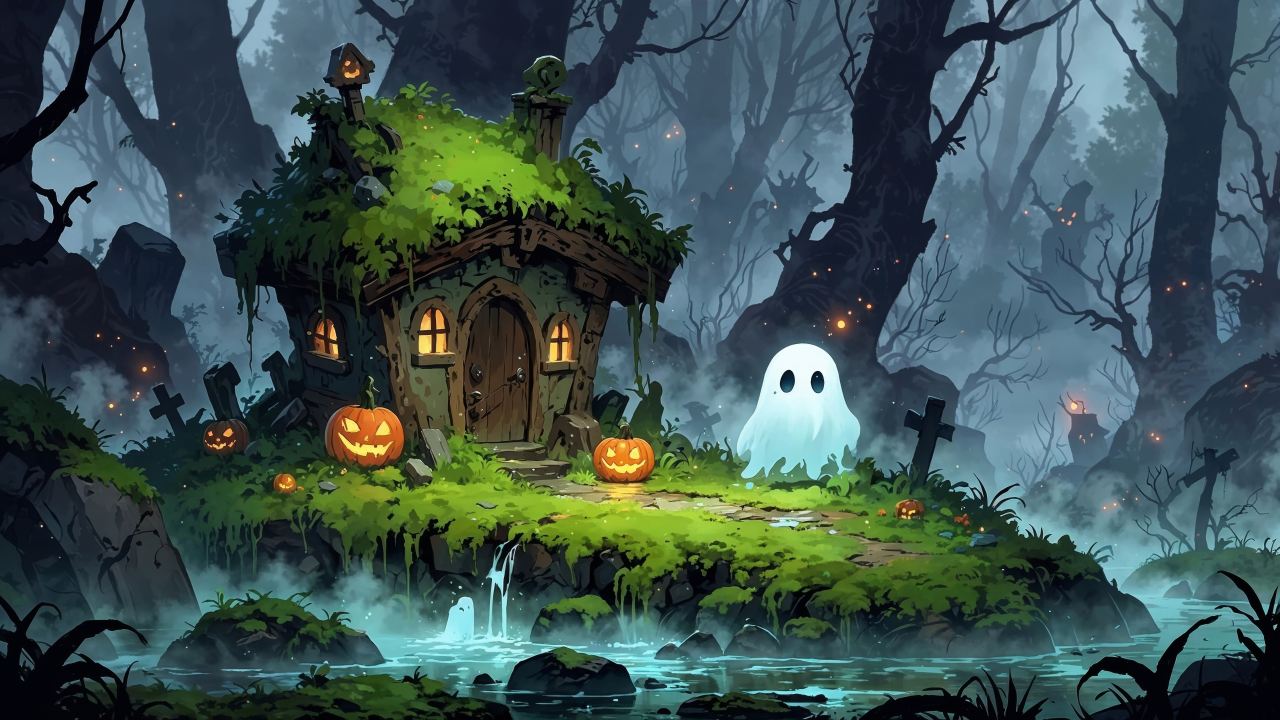 halloween ghosts wallpaper, foggy forest, enchanted woodland, background for desktop wallpaper (horizontal)