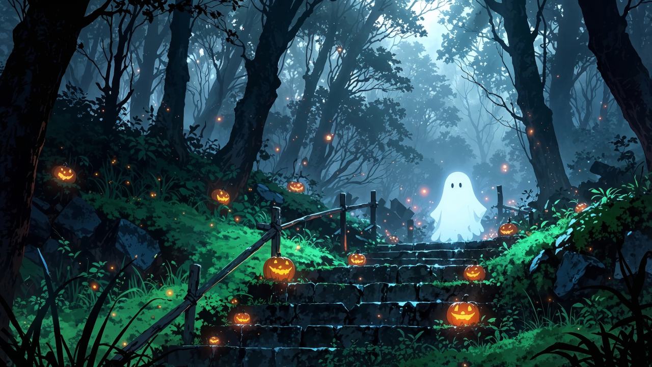 ghosts wallpaper, cute halloween, eerie atmosphere, background for desktop wallpaper (horizontal)
